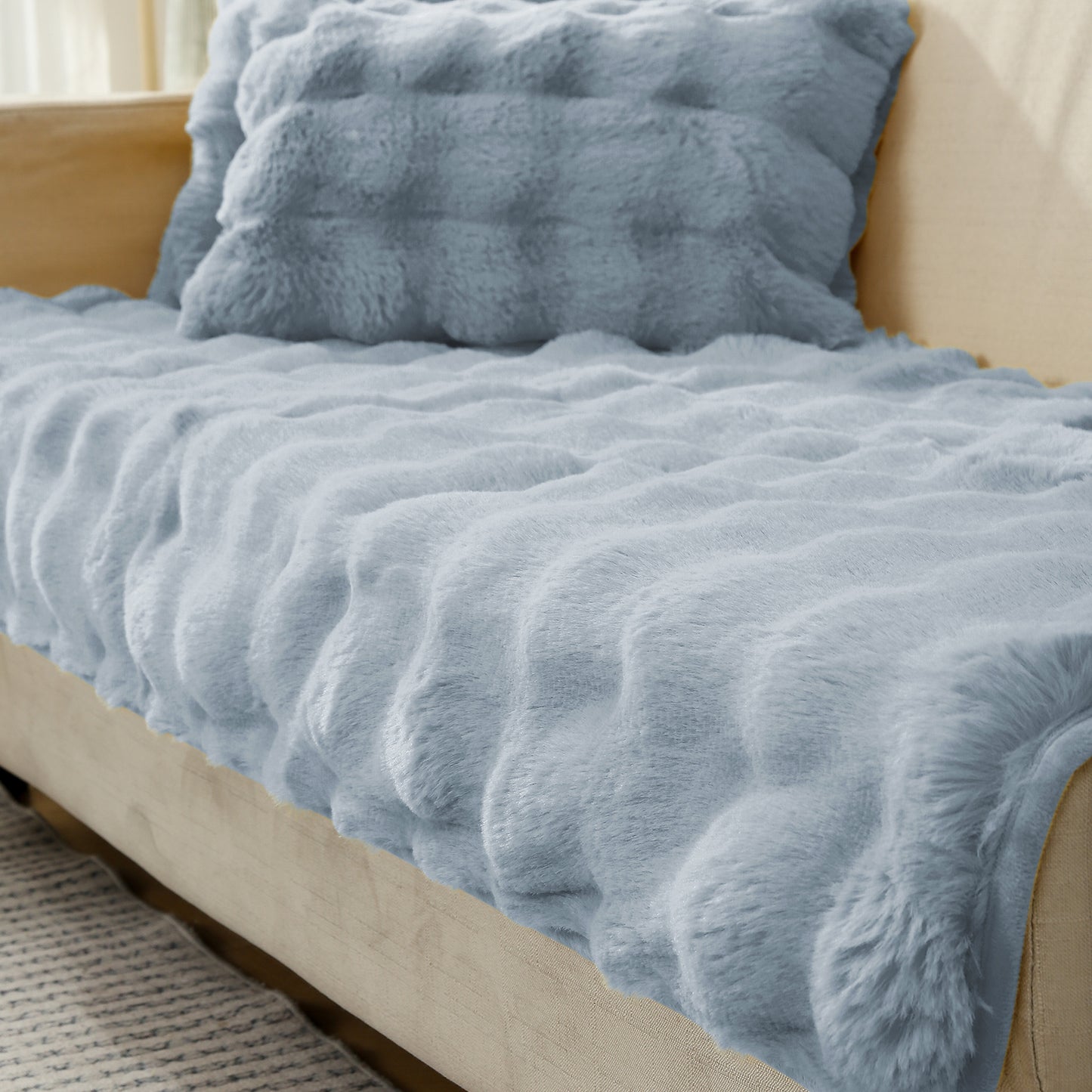 Premium Faux Rabbit Fur Anti Slip Sofa Mat for 1/2/3 Seater, Charm Blue