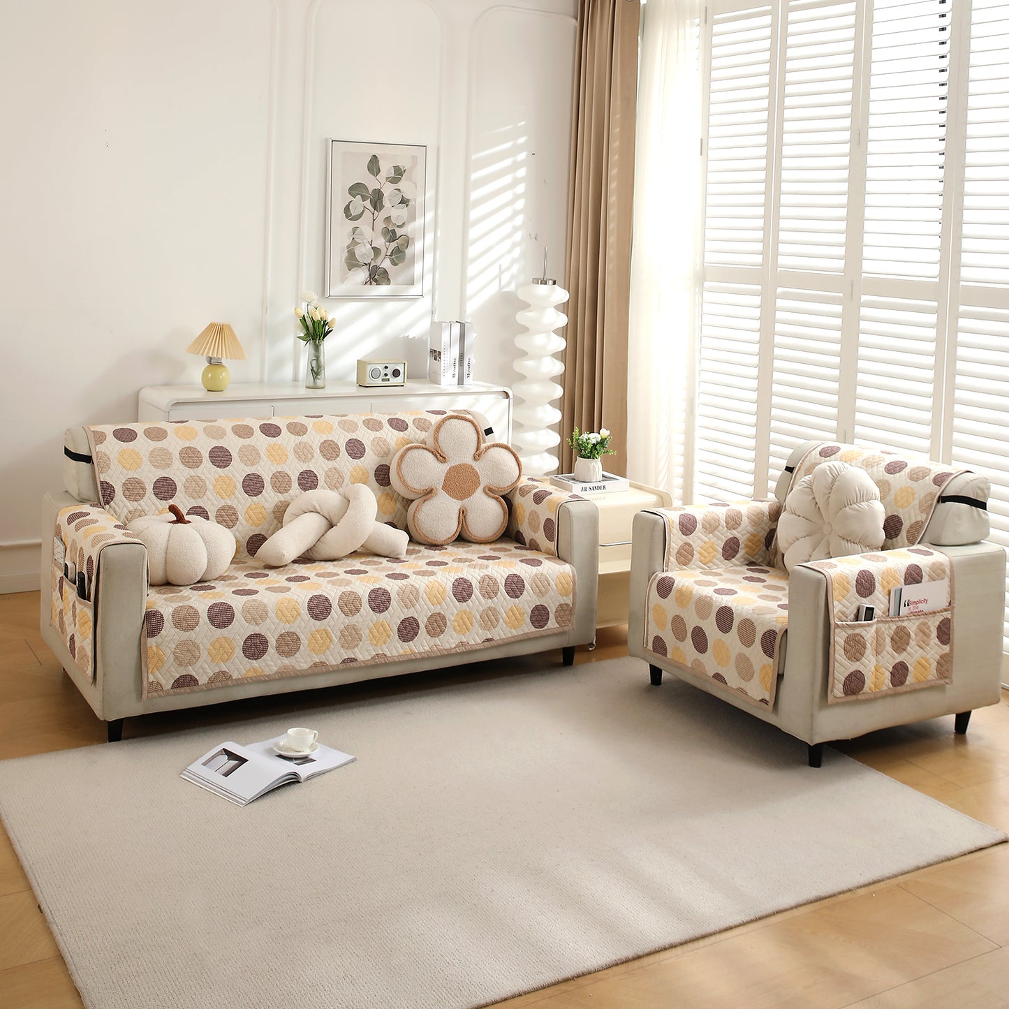 3+1 Seater Beige Peonies Printed quilted sofa cover
