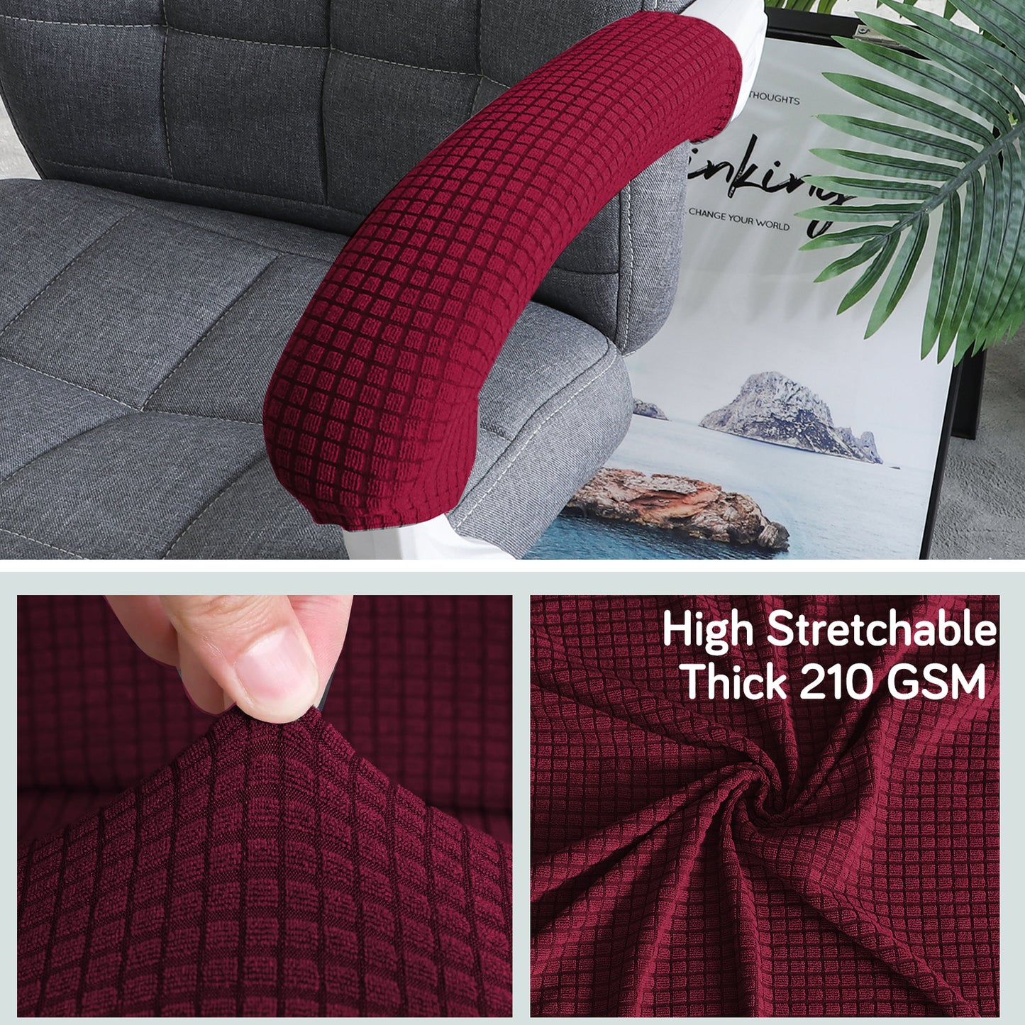 210gsm Jacquard Water Repellent Armrest Covers for Office Chair (Zipper Style), 1 Pair, Burgundy