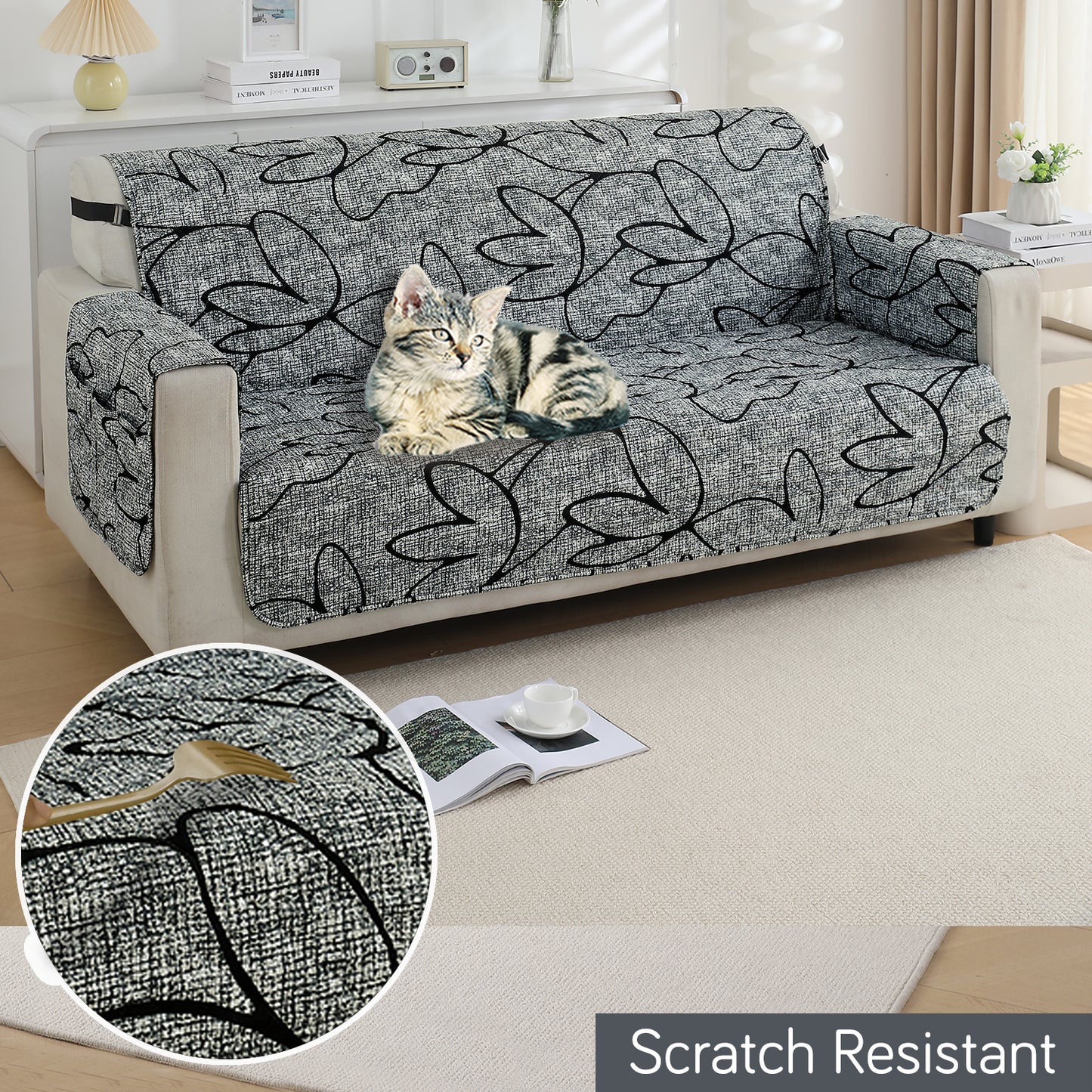 Waterproof & Quick-Dry Quilted Sofa Cover with Pockets on Armrest, Intense Grey Abstract Floral