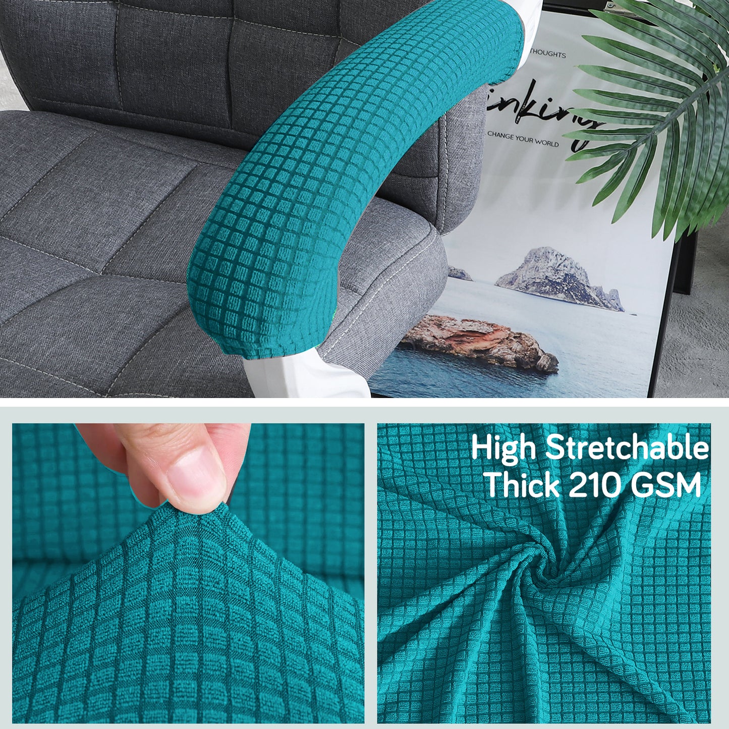 210gsm Jacquard Water Repellent Armrest Covers for Office Chair (Zipper Style), 1 Pair, Teal