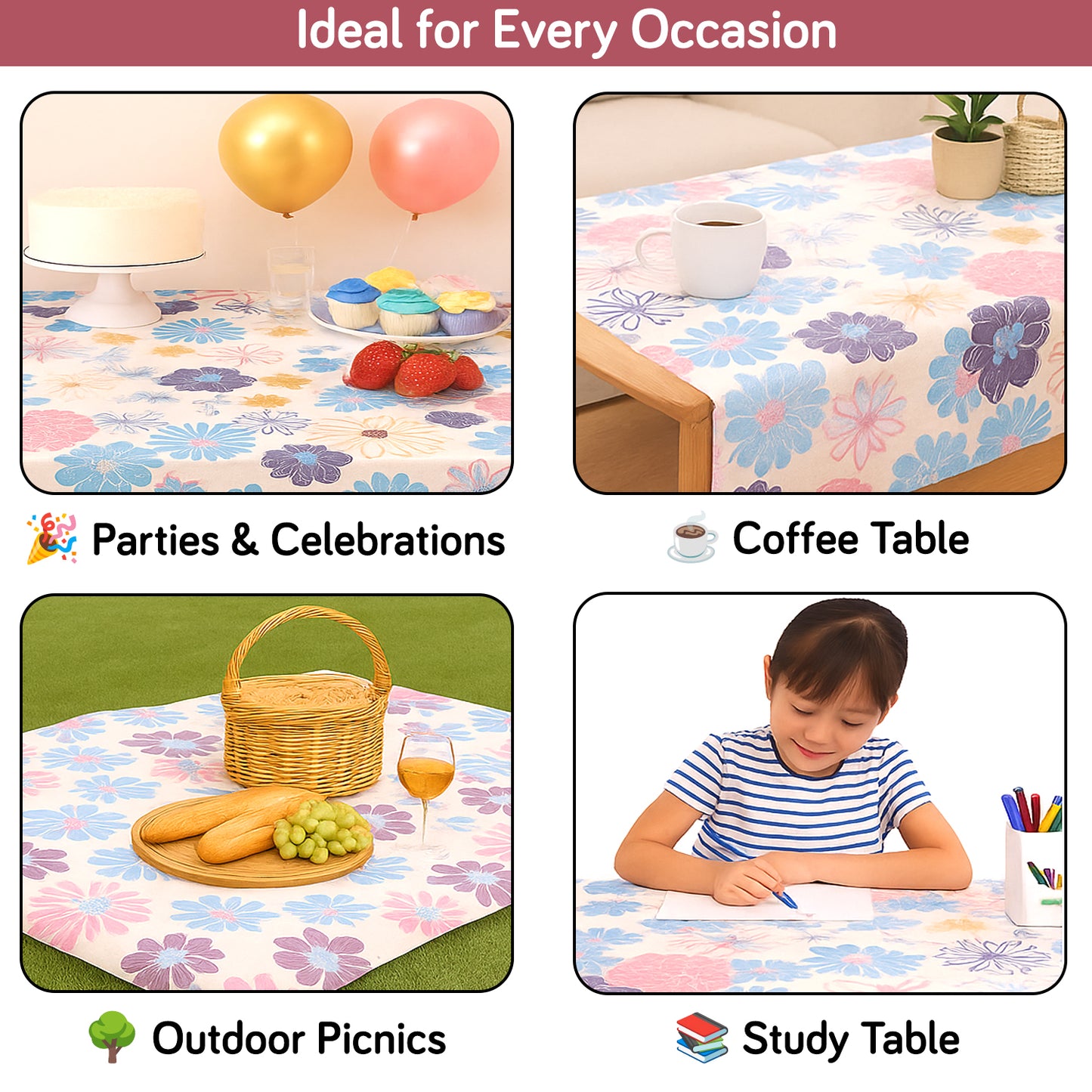 PEVA Waterproof Table Cover Cloth for 2/4/6 Seaters Dining Table | Dustproof Table Cloth for Study & Coffee Table, Tufts Blue Sunflower