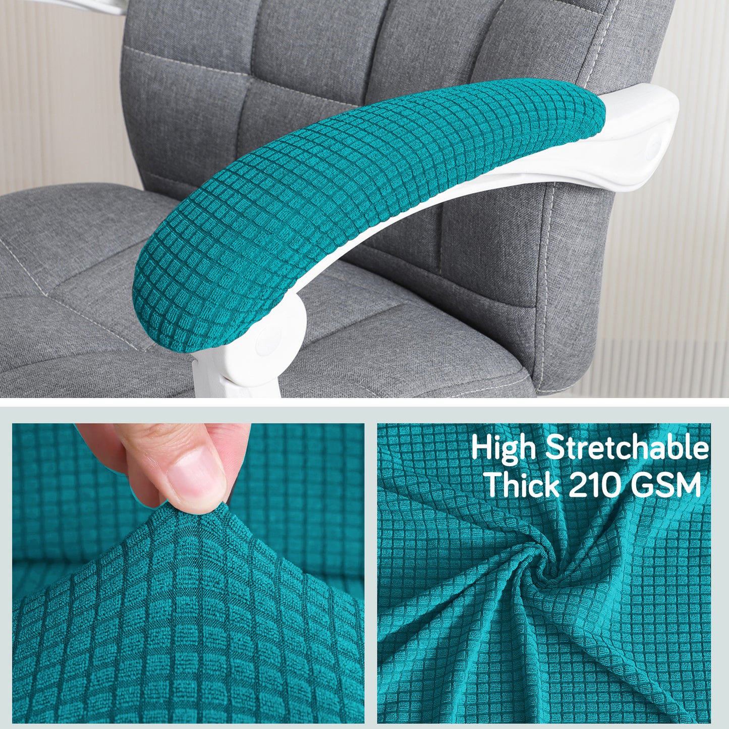 210gsm Jacquard Water Repellent Armrest Covers for Office Chair (Elastic Style), 1 Pair, Teal