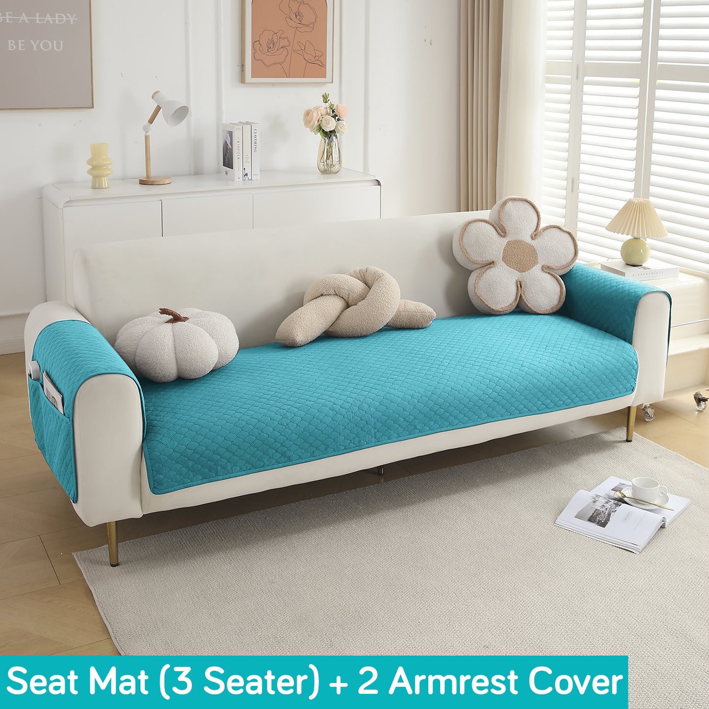 Quilted Sofa Cover Mat with 2 Armrest Covers Pockets, Teal