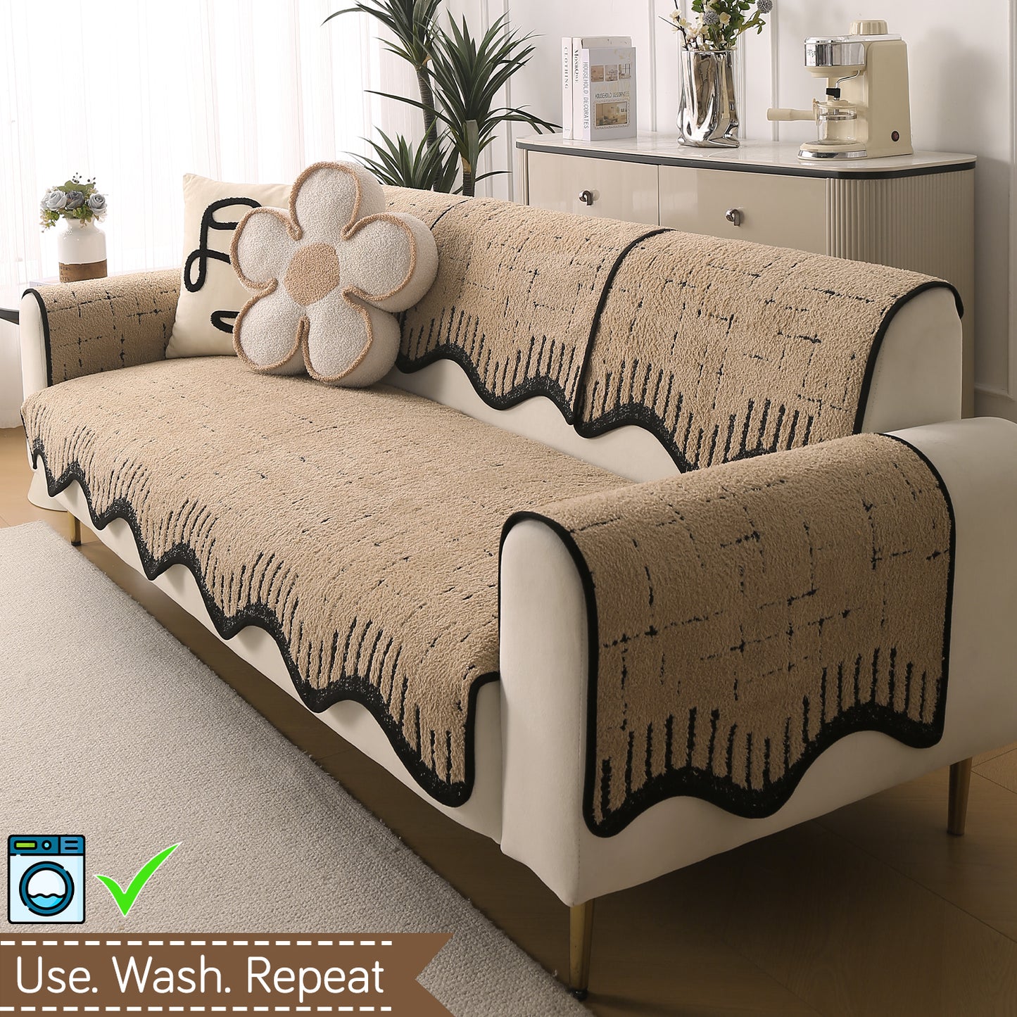 Premium Supple Soft Wavy with Curve Sofa Cover Mat, Brown