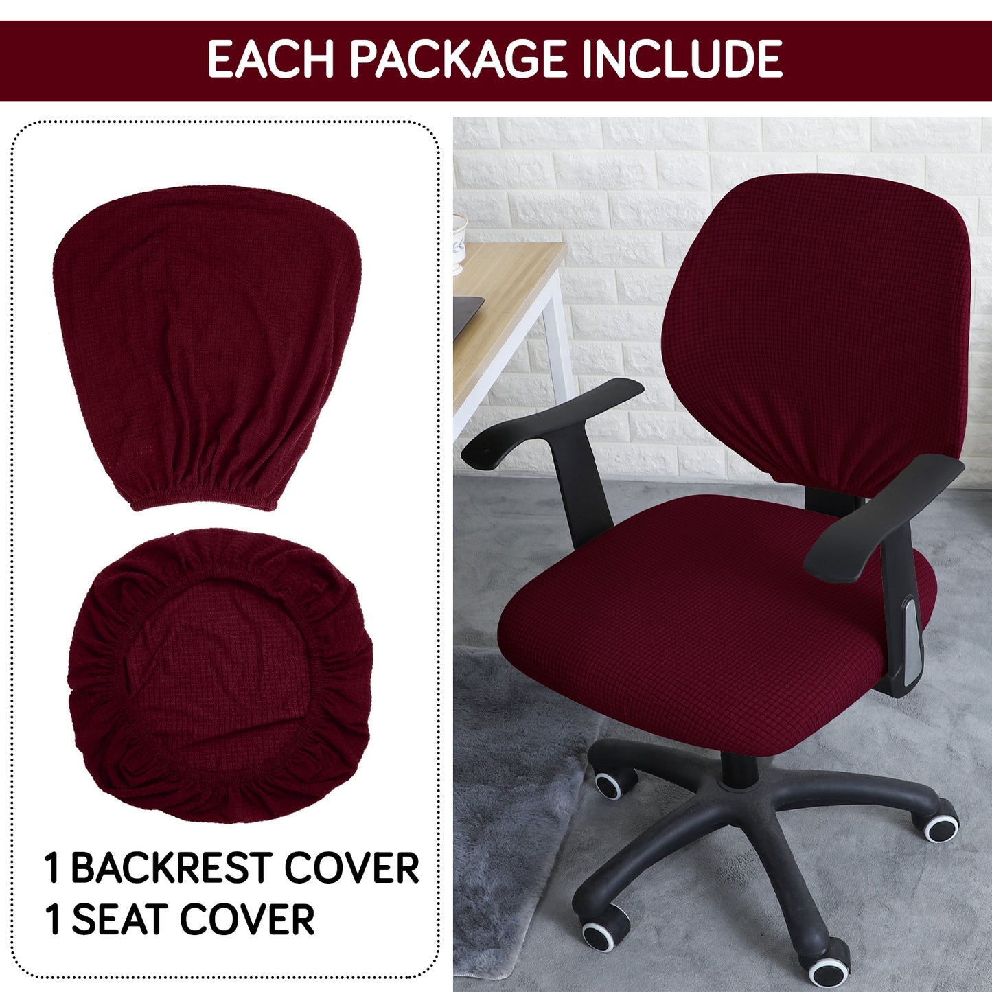 3 piece Burgundy Stretchable Jacquard office revolving chair seat covers