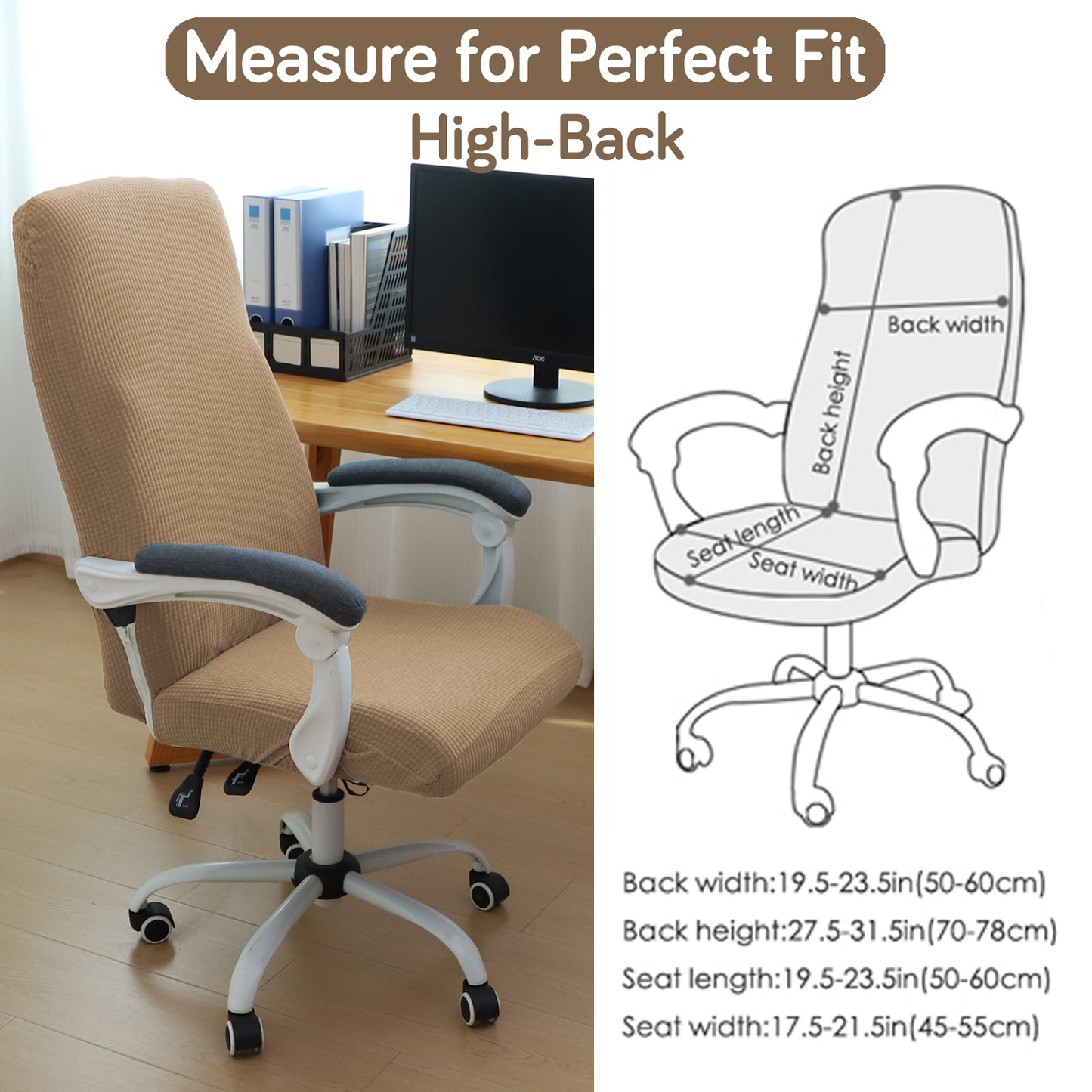 Water Repellent Office Chair Cover for Executive Chair (High-Back) – 210 GSM Stretchable Jacquard – Washable & Anti-Slip – Fits Big & Tall Office Chairs, Camel