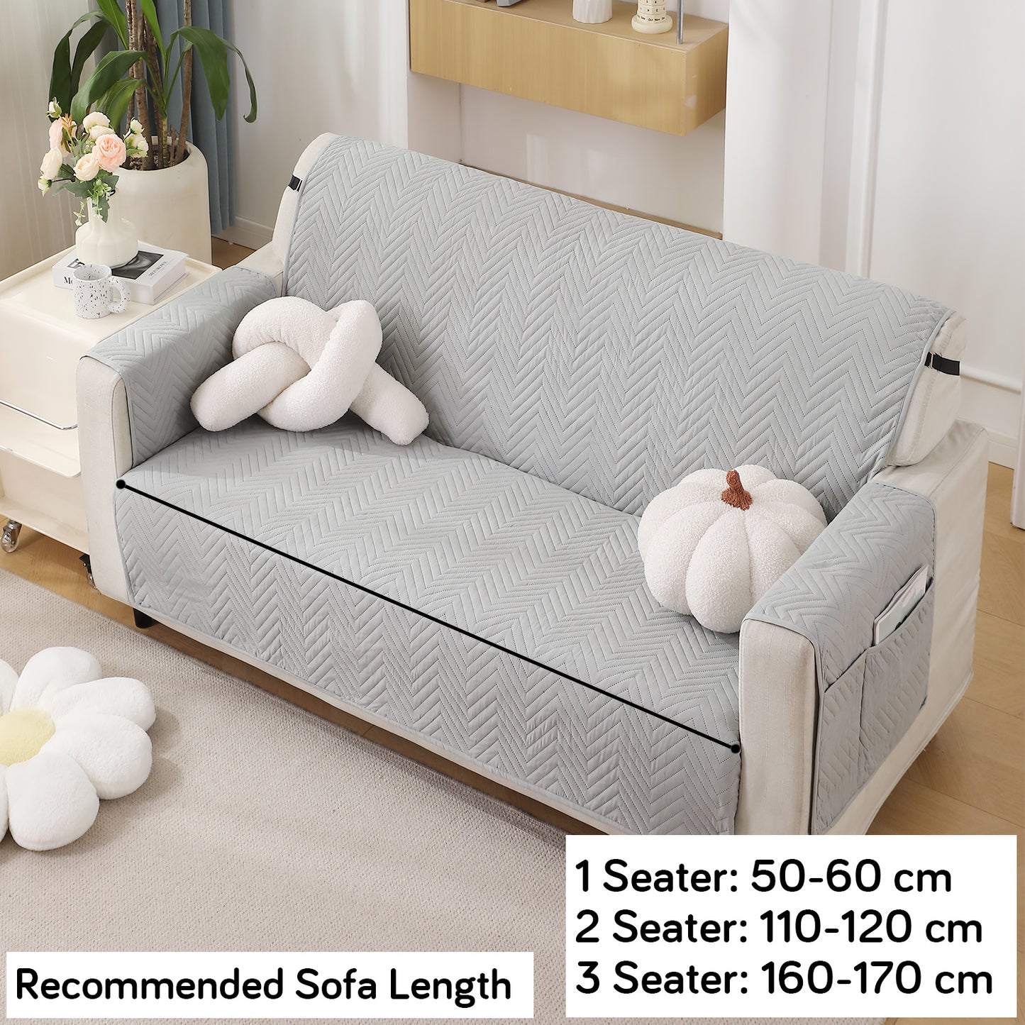 Quilted Sofa Mat Cover with Pockets | Non-Slip & Full Fitted | 1/2/3 Seater, Light Grey