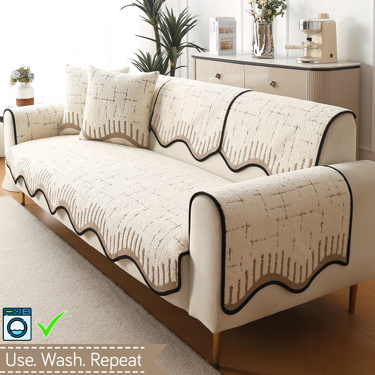 Premium Supple Soft Wavy with Curve Sofa Cover Mat, Cream Brown