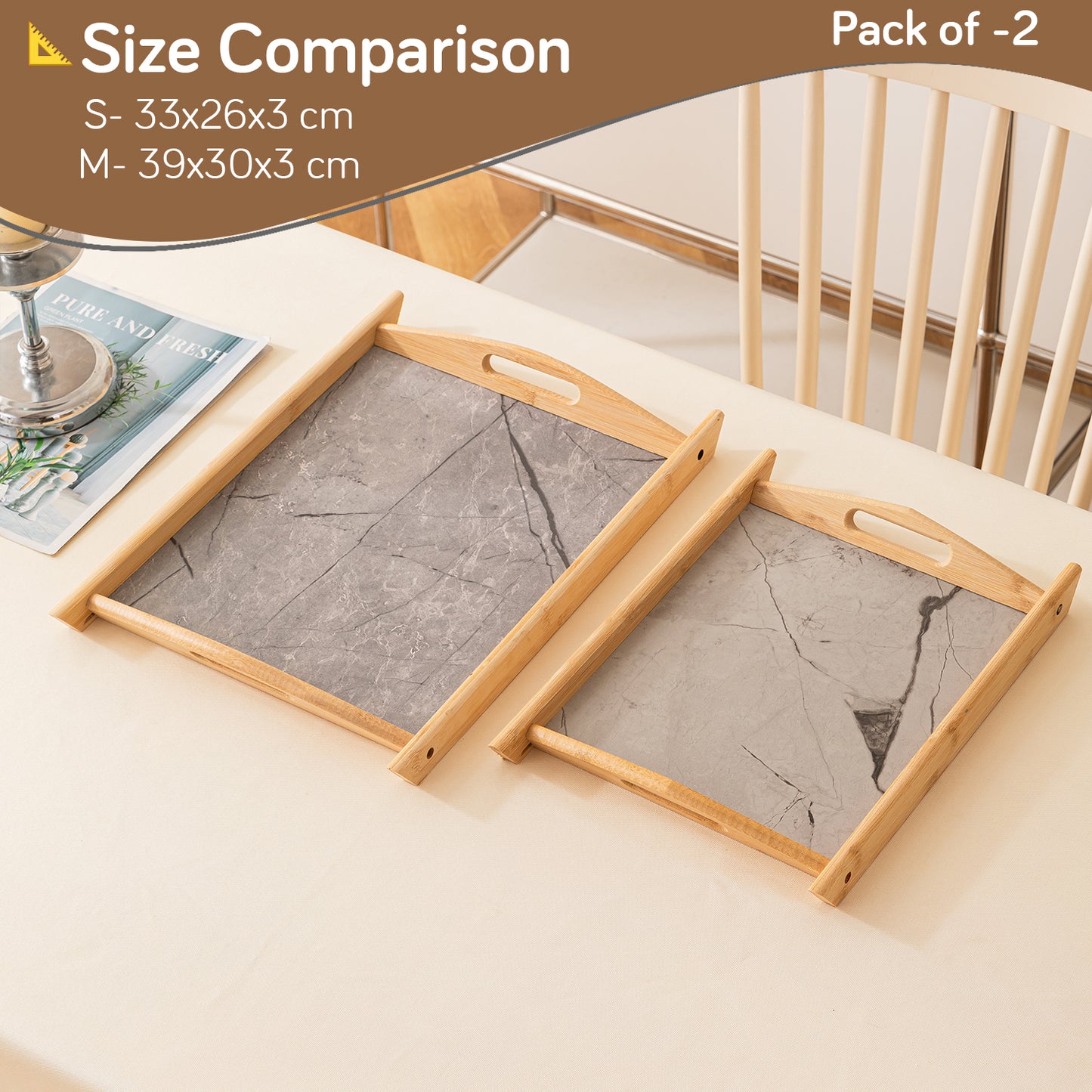 Bamboo Set of 2 Serving Trays with Handles – elegant faux marble base, Grey