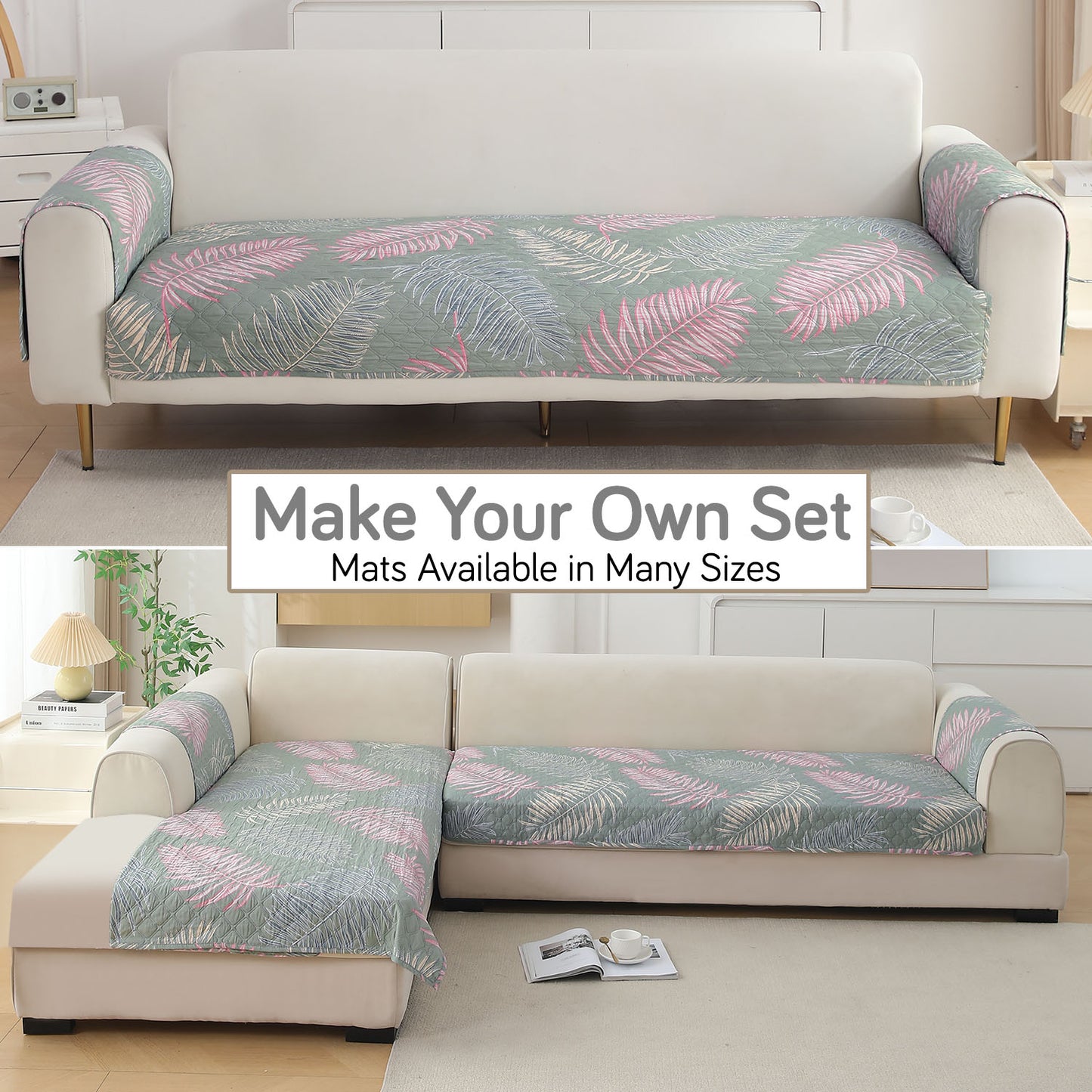 Polyester Printed Quilted Sofa Cover Mats, Tropical Leaves Pastel Green