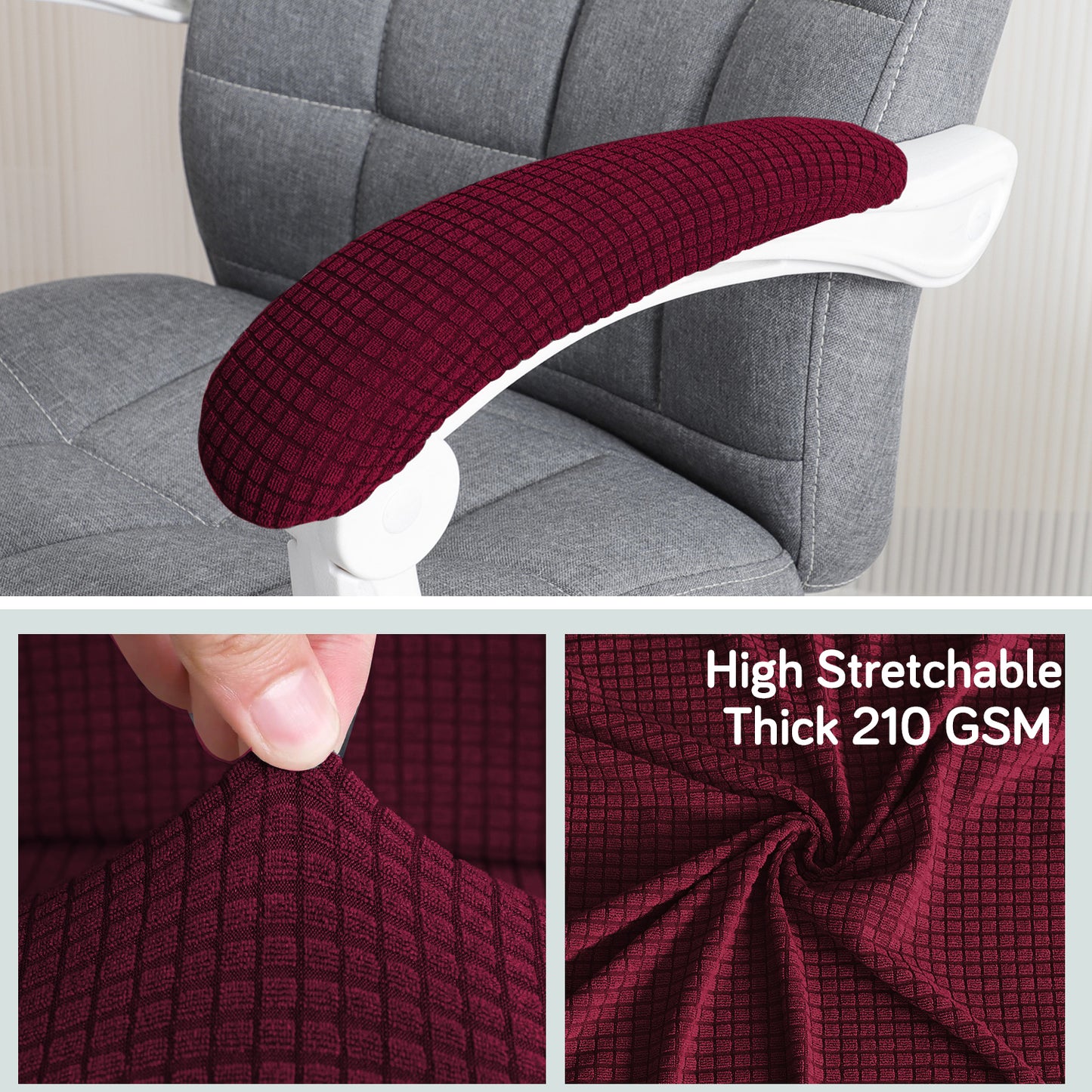210gsm Jacquard Water Repellent Armrest Covers for Office Chair (Elastic Style), 1 Pair, Burgundy