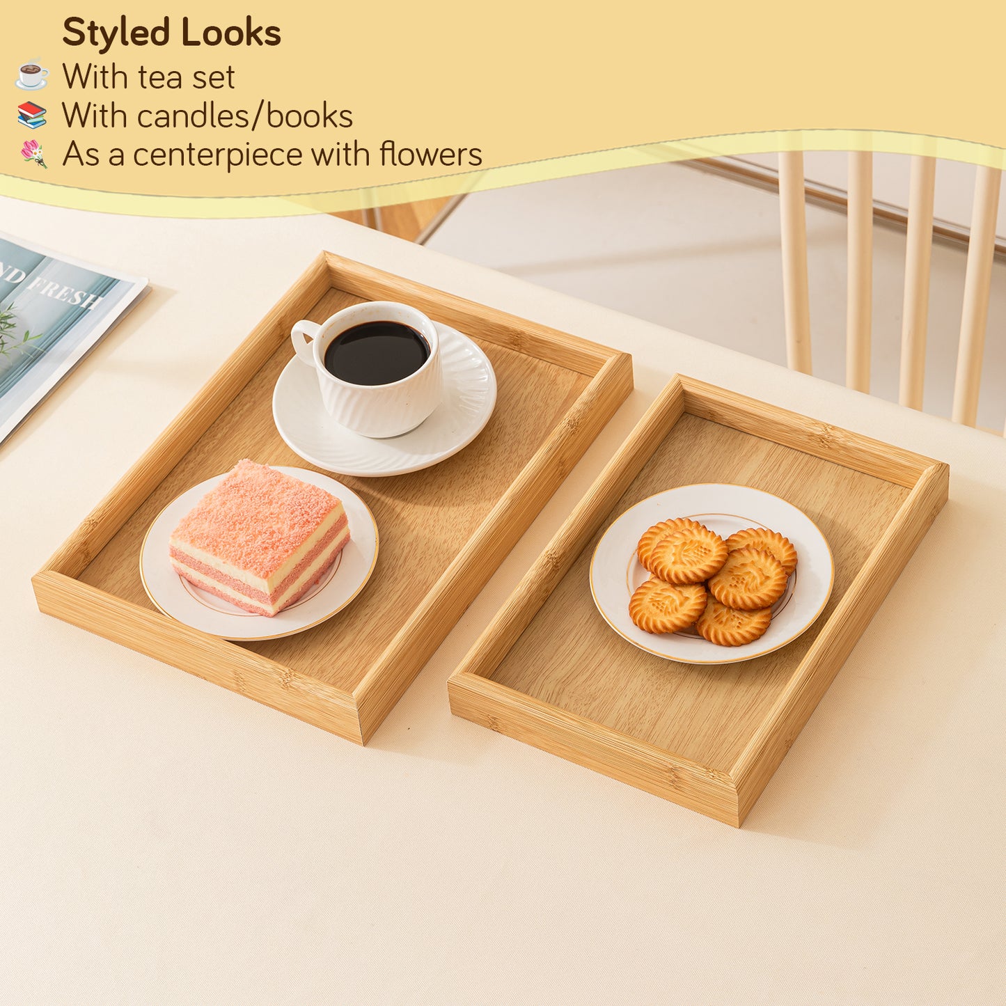 Wooden Serving Tray MDF Rectangular Eco-Friendly Trays Set of 3 – Natural Finish