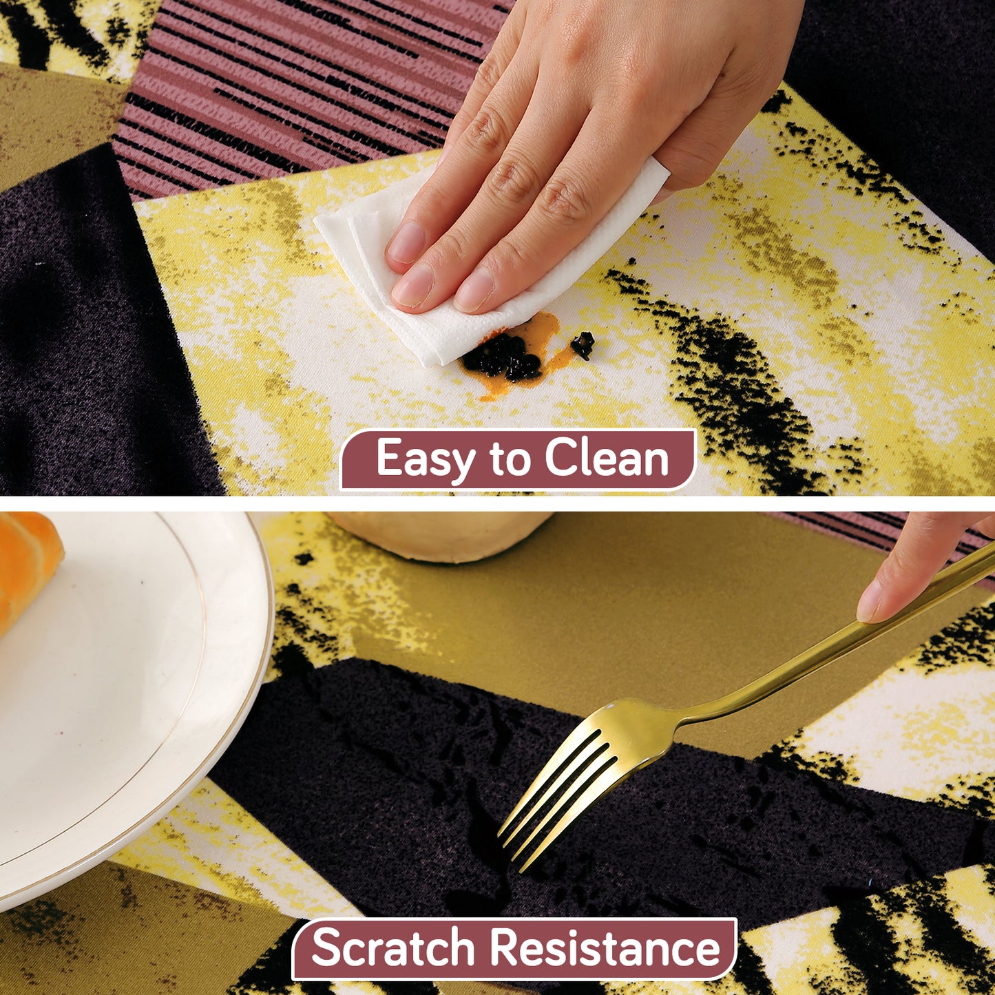 Printed Stretch Fit Water-Repellent & Anti-Slip Table Cloth Cover for 4 Seater / 6 Seater, Wine Abstract Geometry