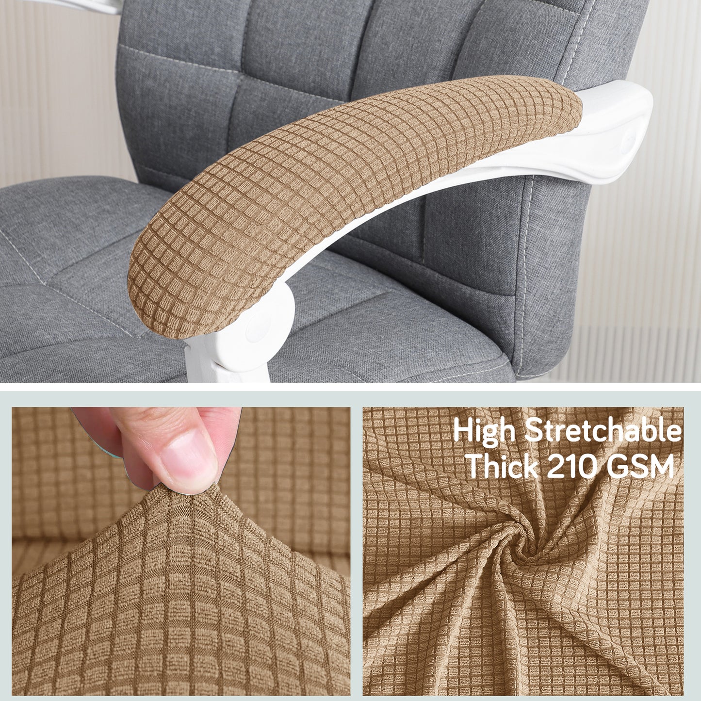 210gsm Jacquard Water Repellent Armrest Covers for Office Chair (Elastic Style), 1 Pair, Camel