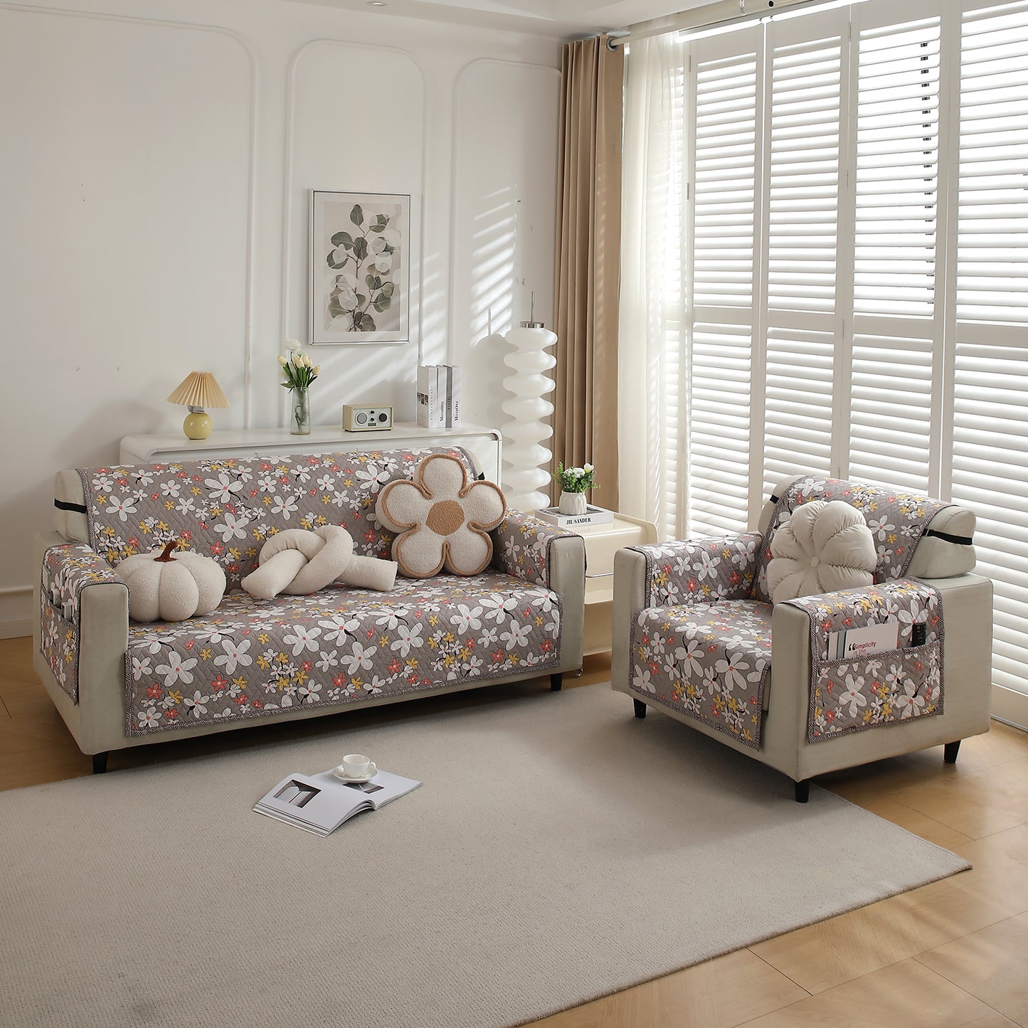4 Seater Pastel Brown Sandwort Flower Printed quilted sofa cover set