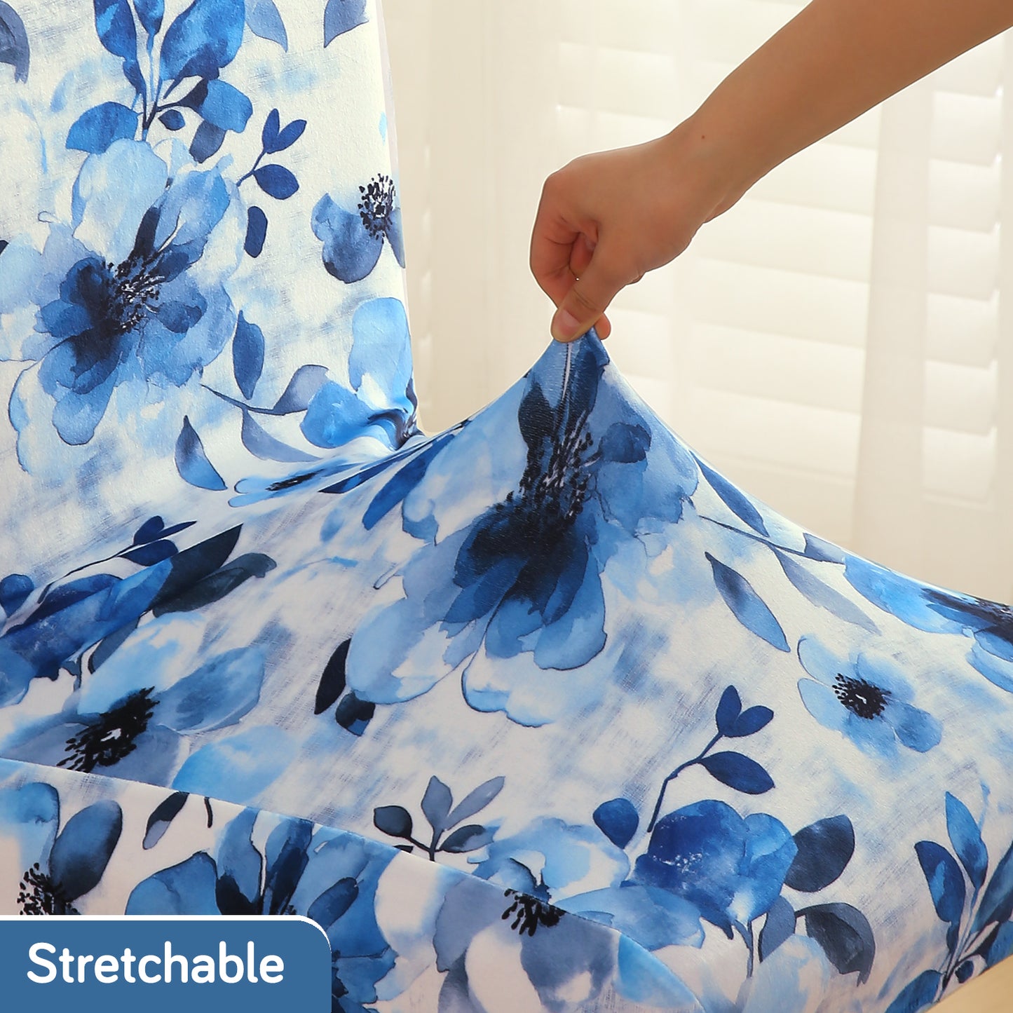 Premium Printed Velvet Dining Chair Cover Set, Blue Azure Botanical