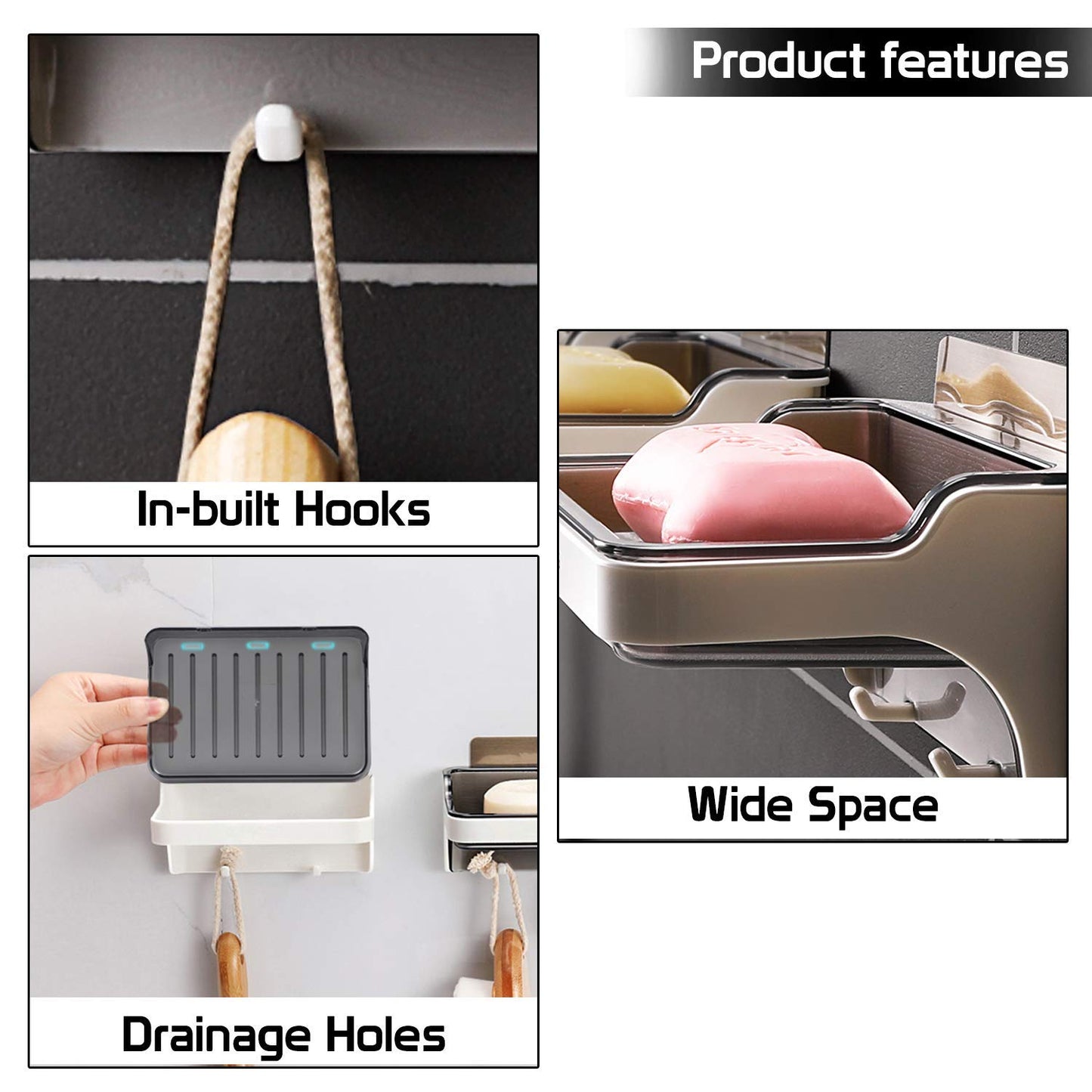 Wall mounted soap holder with hooks and drainage holes to keep soap dry | HOKIPO