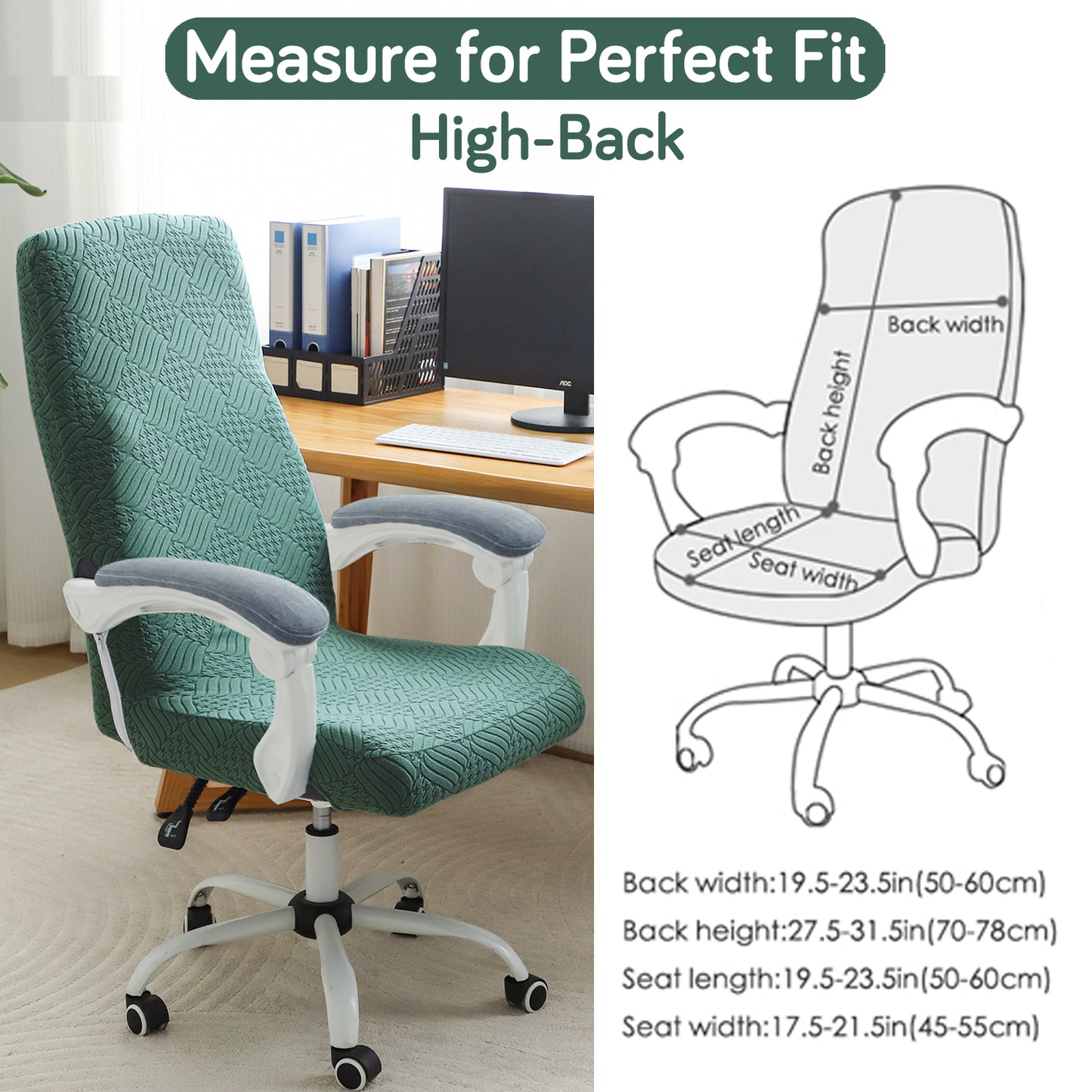 Office Chair Cover for Executive Chair (High-Back) – 170 GSM Stretchable Jacquard – Washable & Anti-Slip – Fits Big & Tall Office Chairs, Green