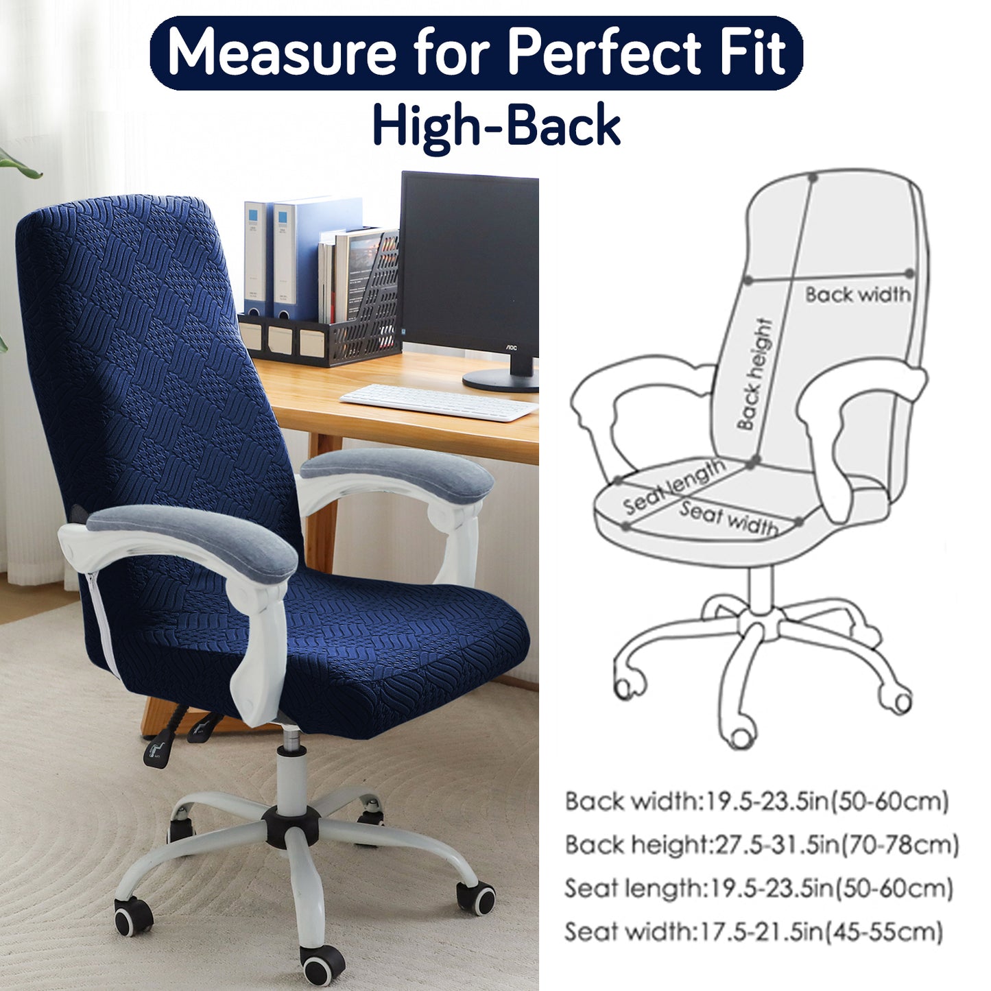 Office Chair Cover for Executive Chair (High-Back) – 170 GSM Stretchable Jacquard – Washable & Anti-Slip – Fits Big & Tall Office Chairs, Navy Blue