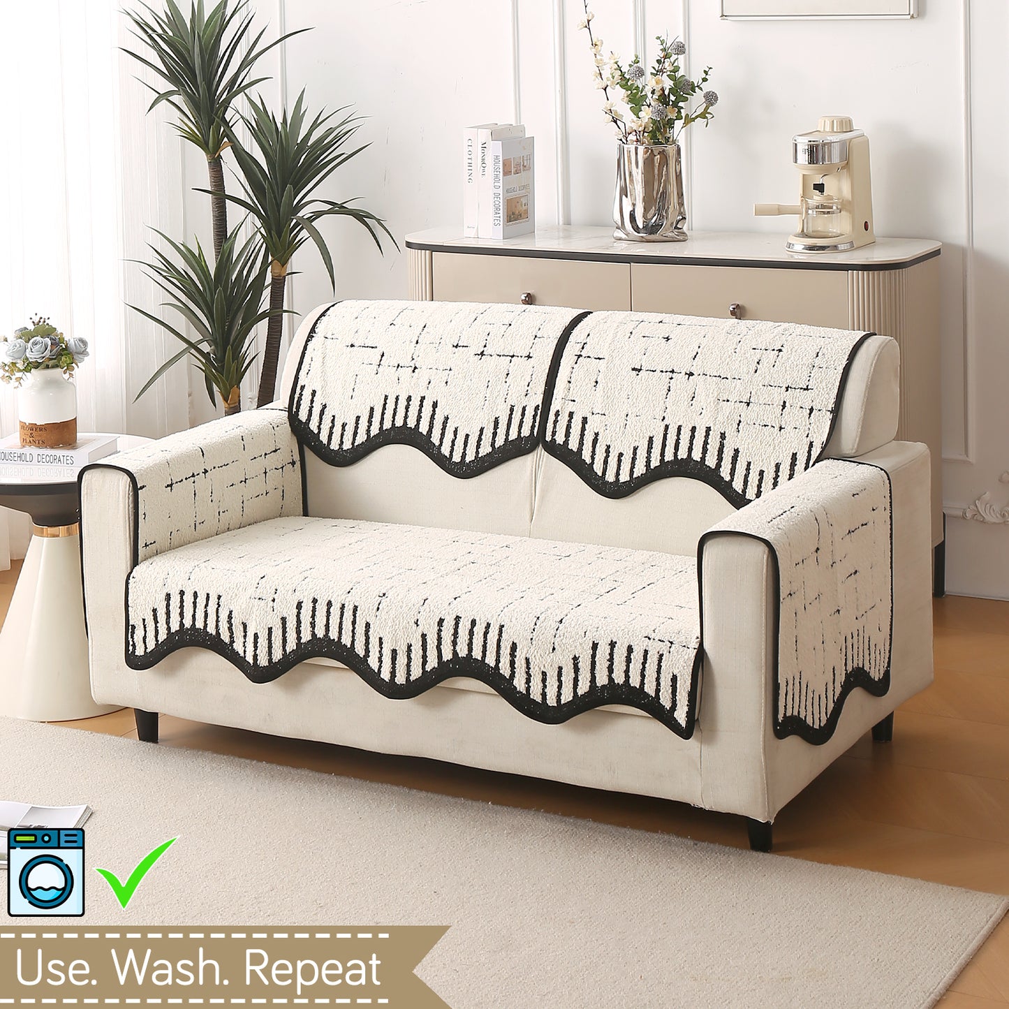 Premium Supple Soft Wavy with Curve Sofa Cover Mat, Off-White