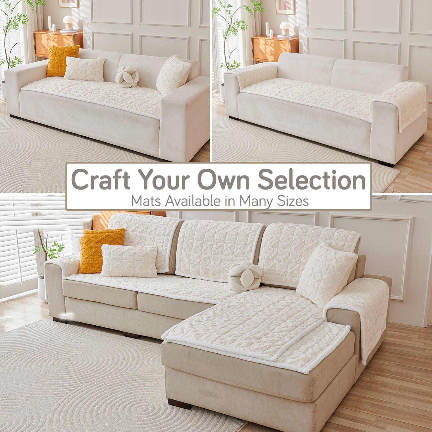 'Italian Caelora' Luxury Jacquard Plush Sofa Cover Mat and Anti-Slip Armrest Covers - Pearl Whit