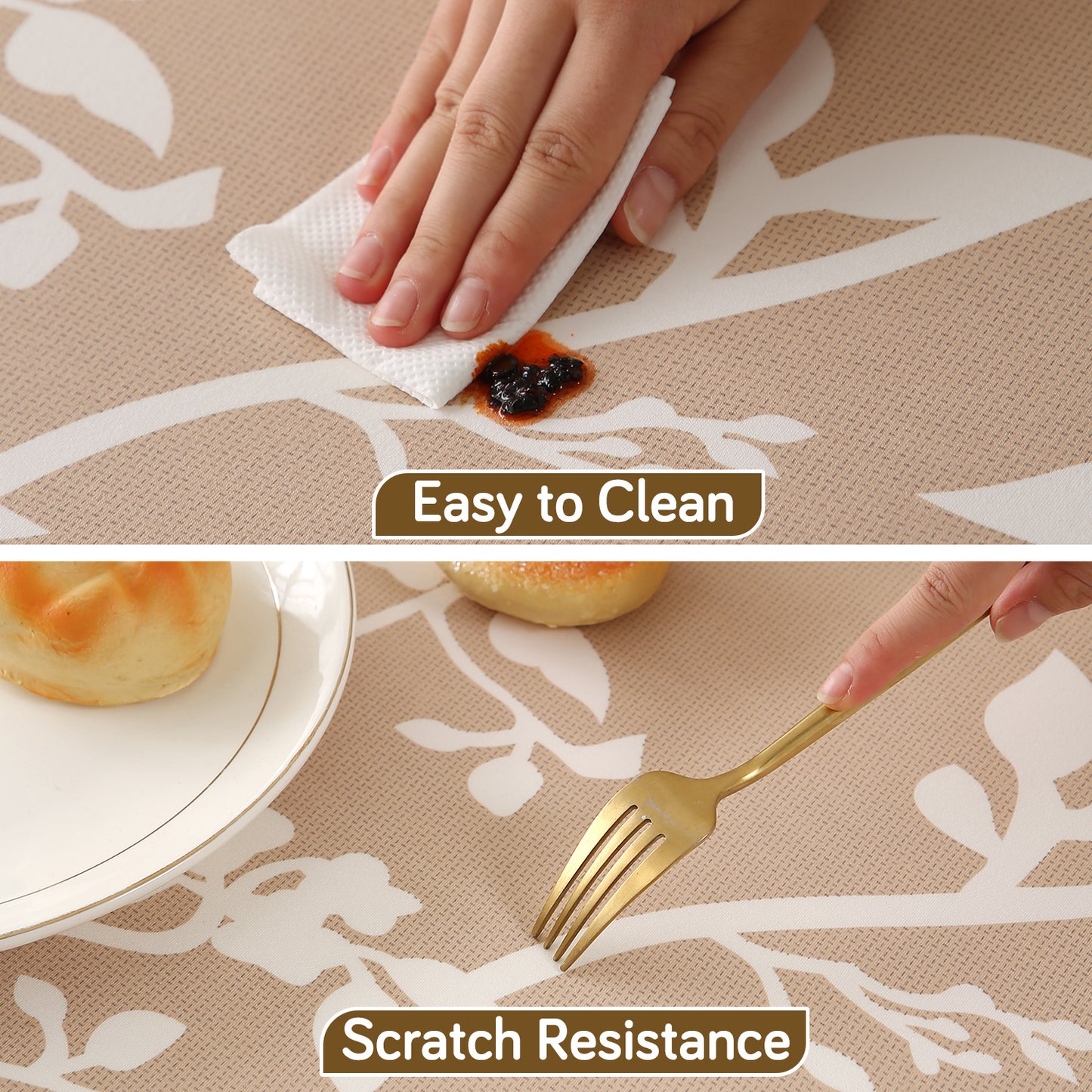 Printed Stretch Fit Water-Repellent & Anti-Slip Table Cloth Cover for 4 Seater / 6 Seater, Buff Brown Sillehoute Floral