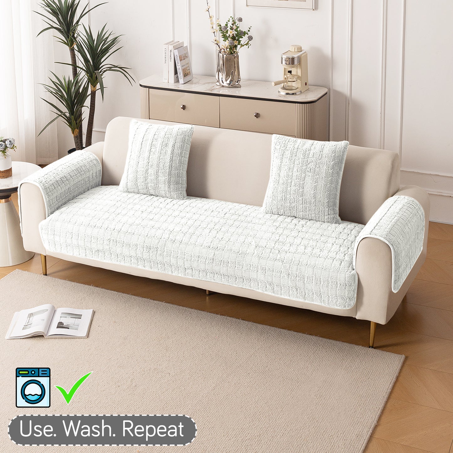 Premium Plush Sofa Cover Mat with 2 Armrest Cover, White