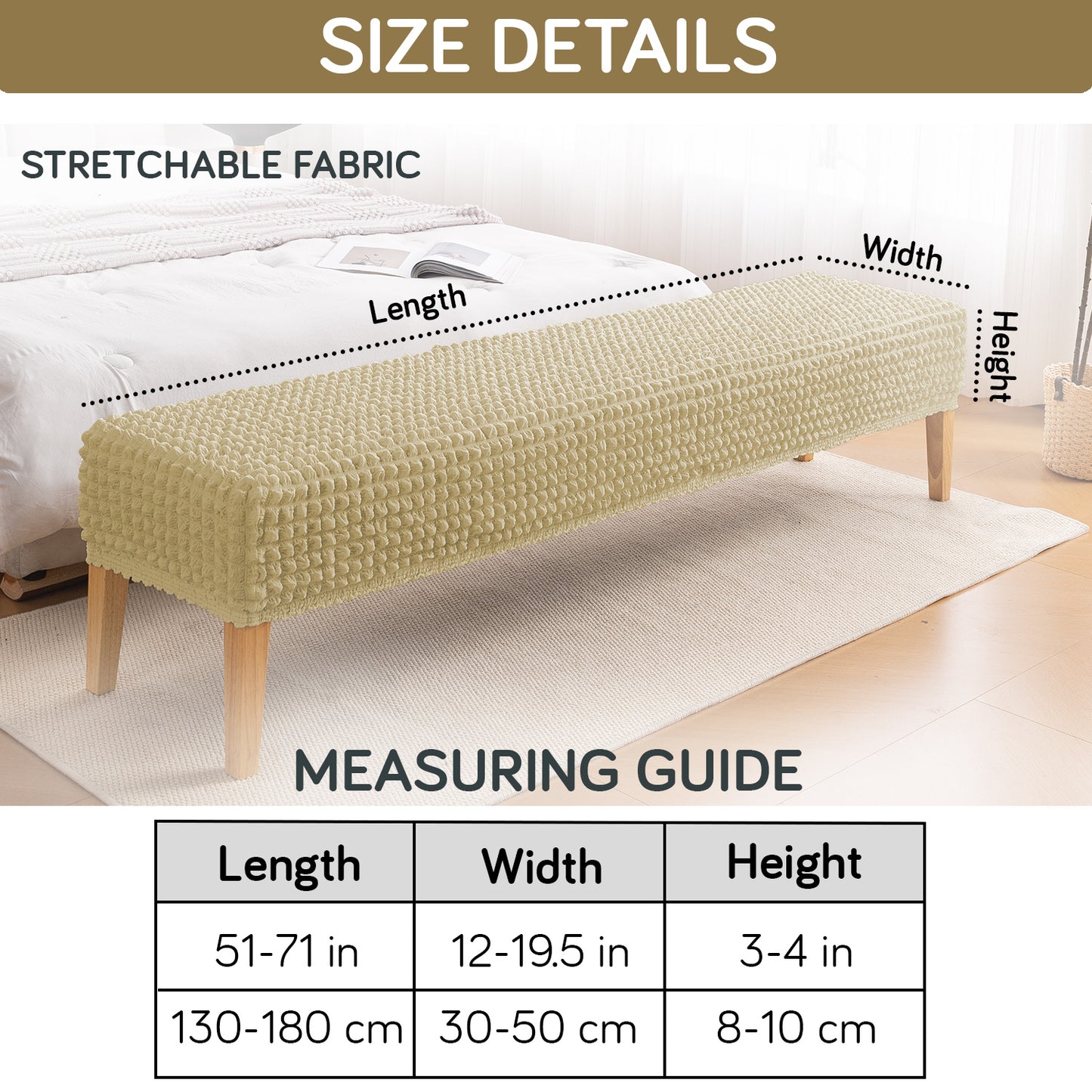 Aria Nova 280 GSM Stretchable Bubble Dining Bench Cover, Beige