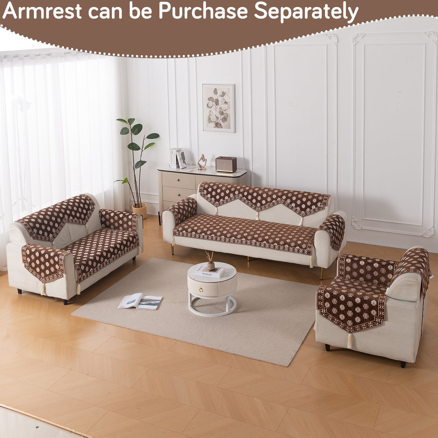 Heritage Weave Premium Jacquard Sofa Cover Set with Tassels - Russet Brown