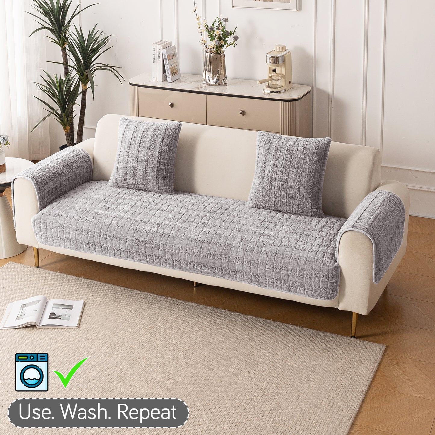 Premium Plush Anti Slip Sofa Cover Mat with 2 Armrest Cover, Light Grey