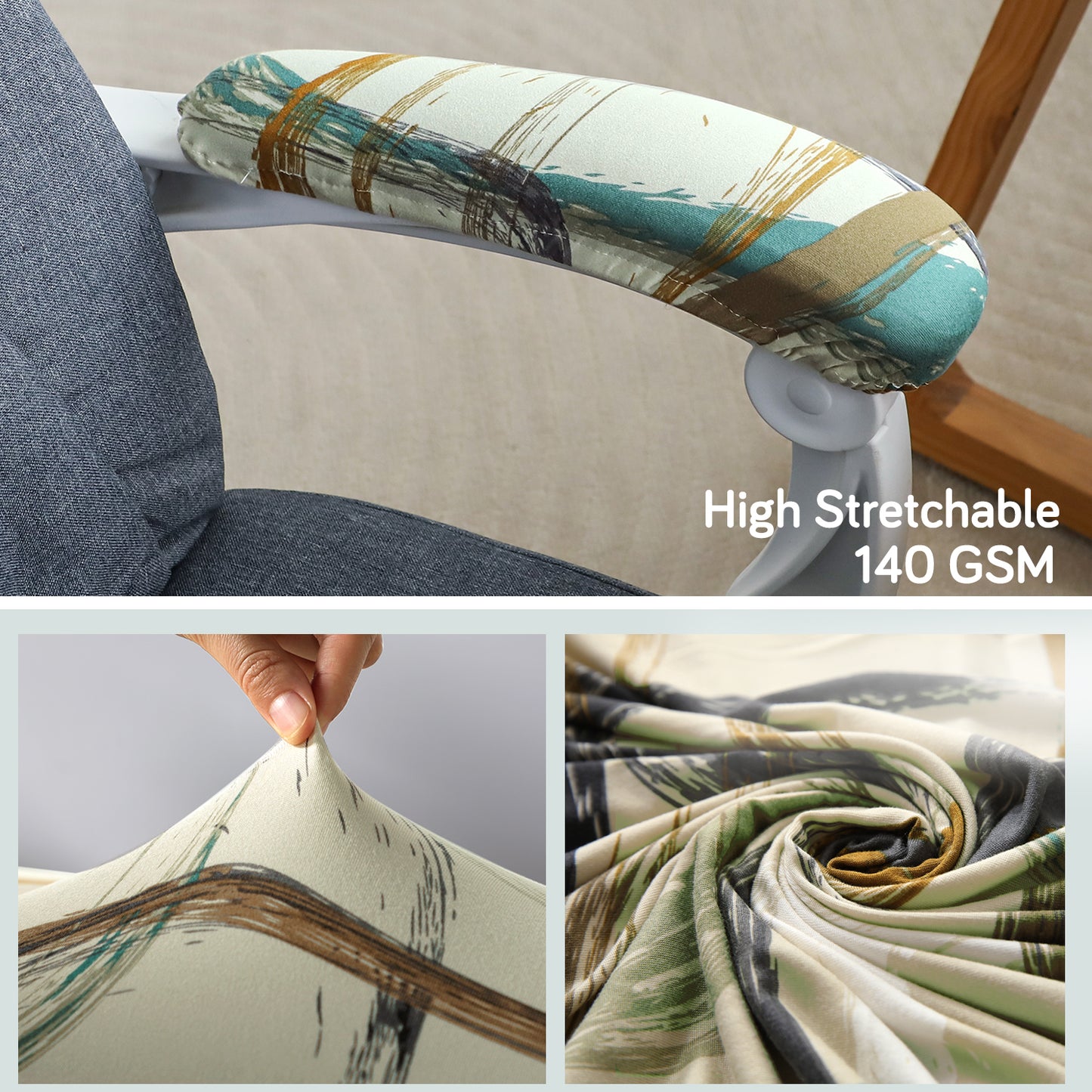 140gsm Printed Armrest Covers for Office Chair (Elastic Style), 1 Pair, Parchement Beige Abstract Art