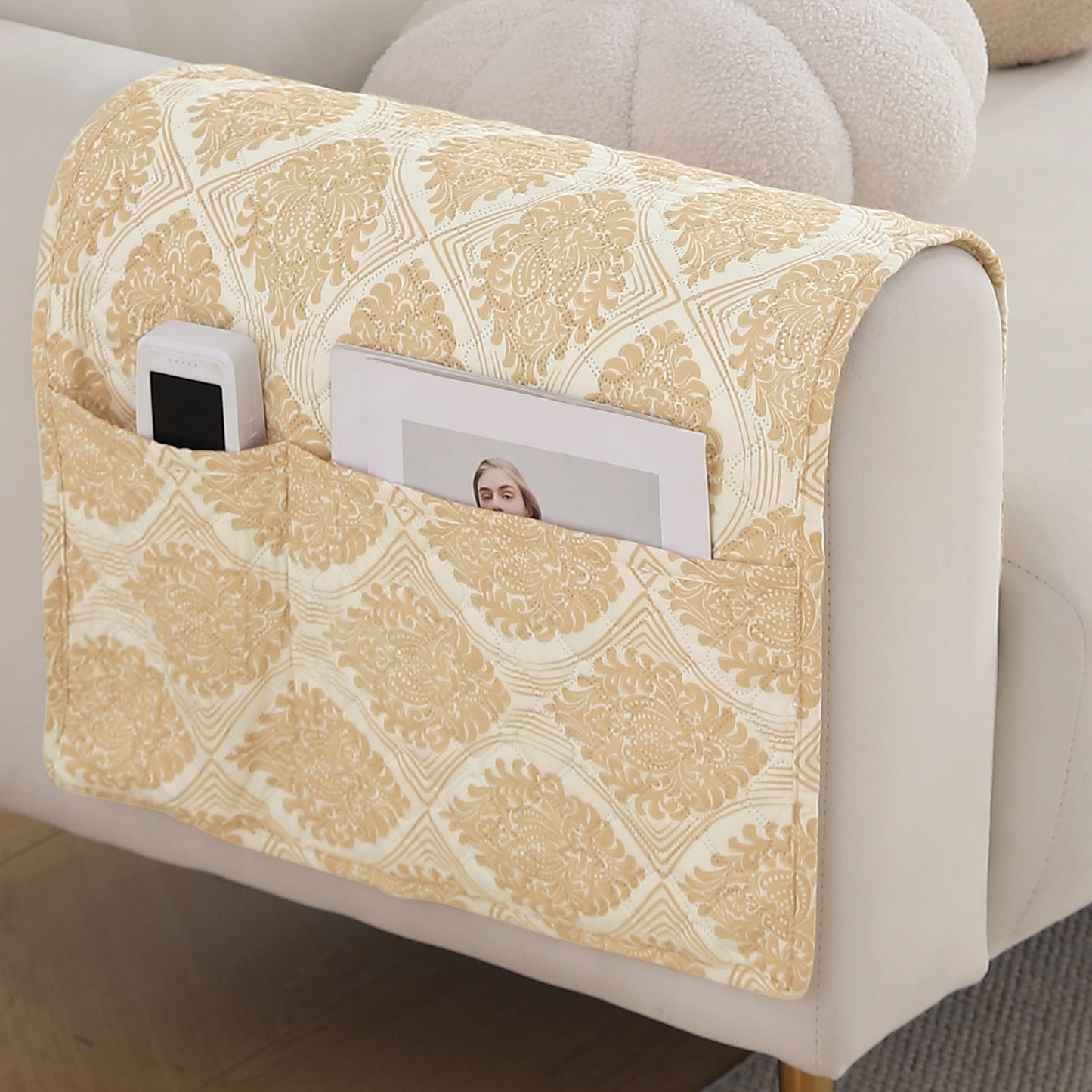 Polyester 2 Pcs Printed Quilted Sofa Armrest Cover, Ogee Ivory