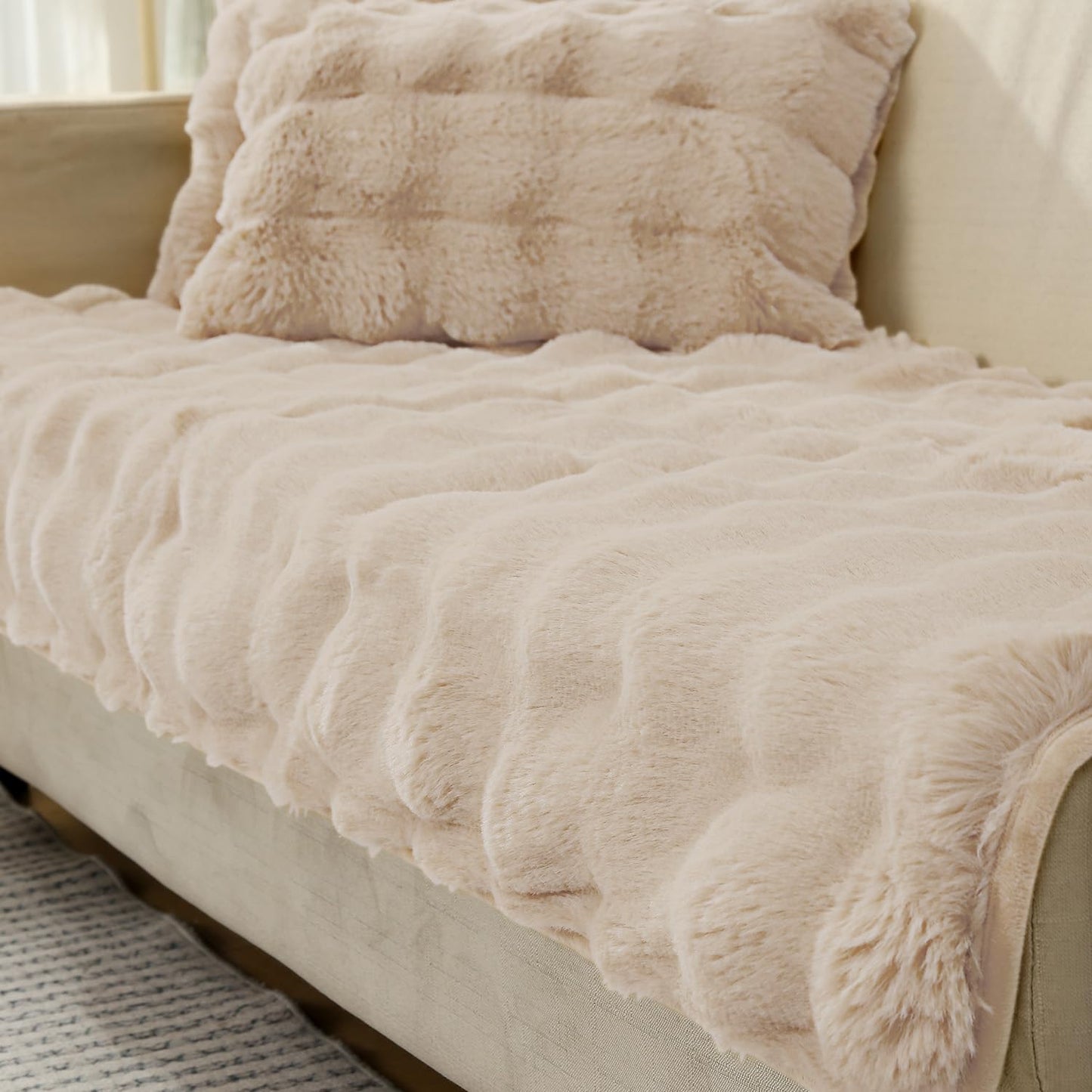 Premium Faux Rabbit Fur Anti Slip Sofa Mat for 1/2/3 Seater, Latte Brown