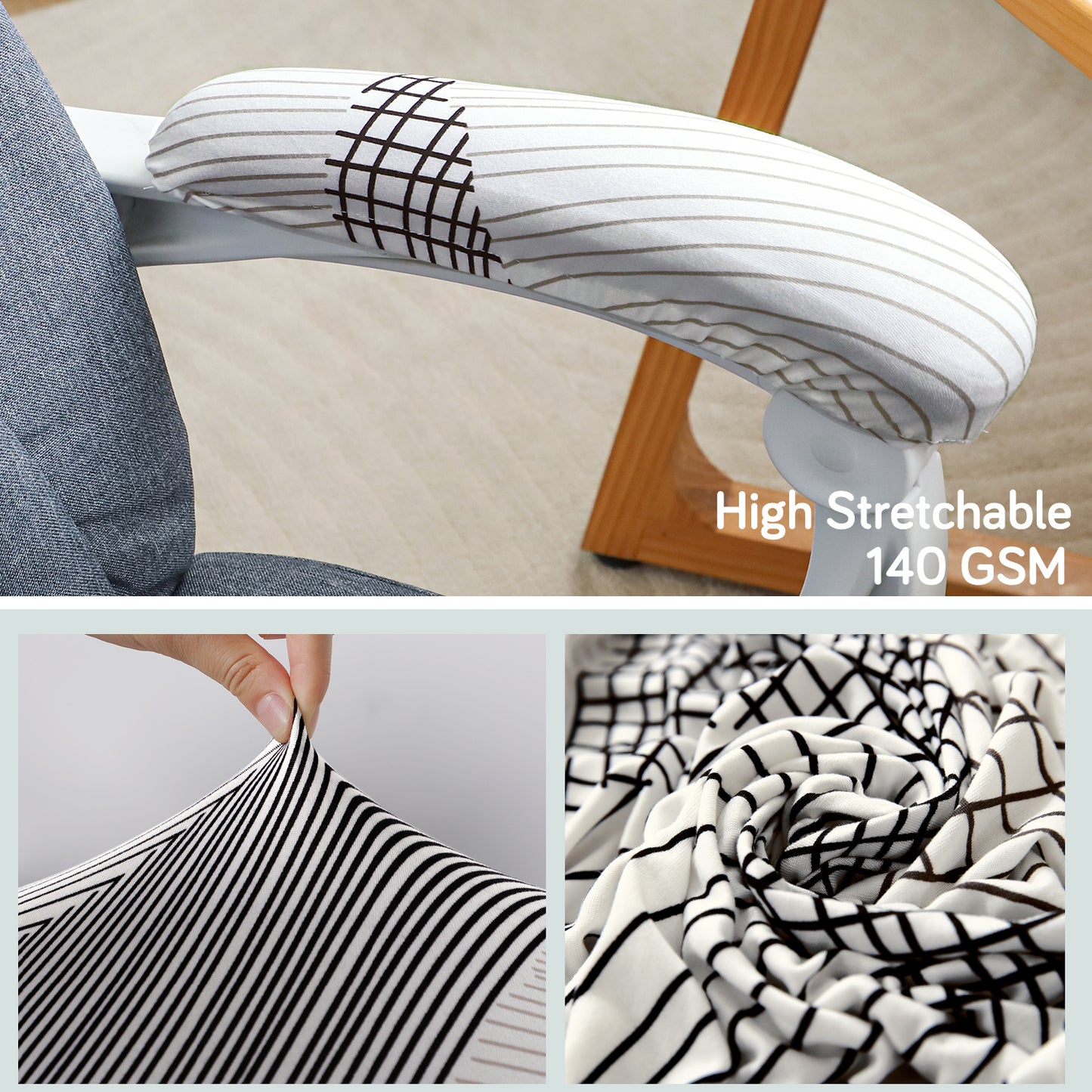 140gsm Printed Armrest Covers for Office Chair (Elastic Style), 1 Pair, Snow White Black Geometry