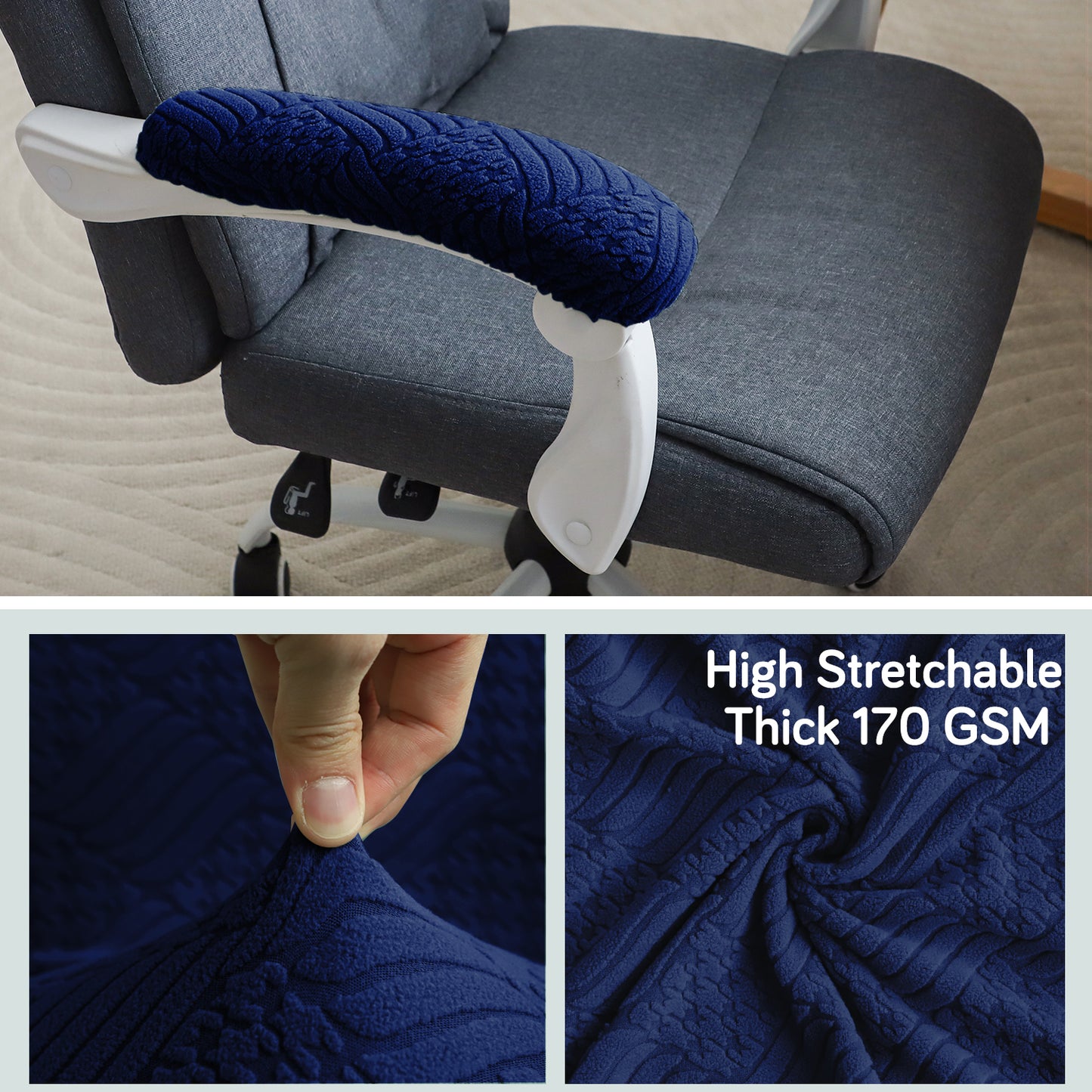 170gsm Jacquard Armrest Covers for Office Chair (Elastic Style), 1 Pair, Navy Blue