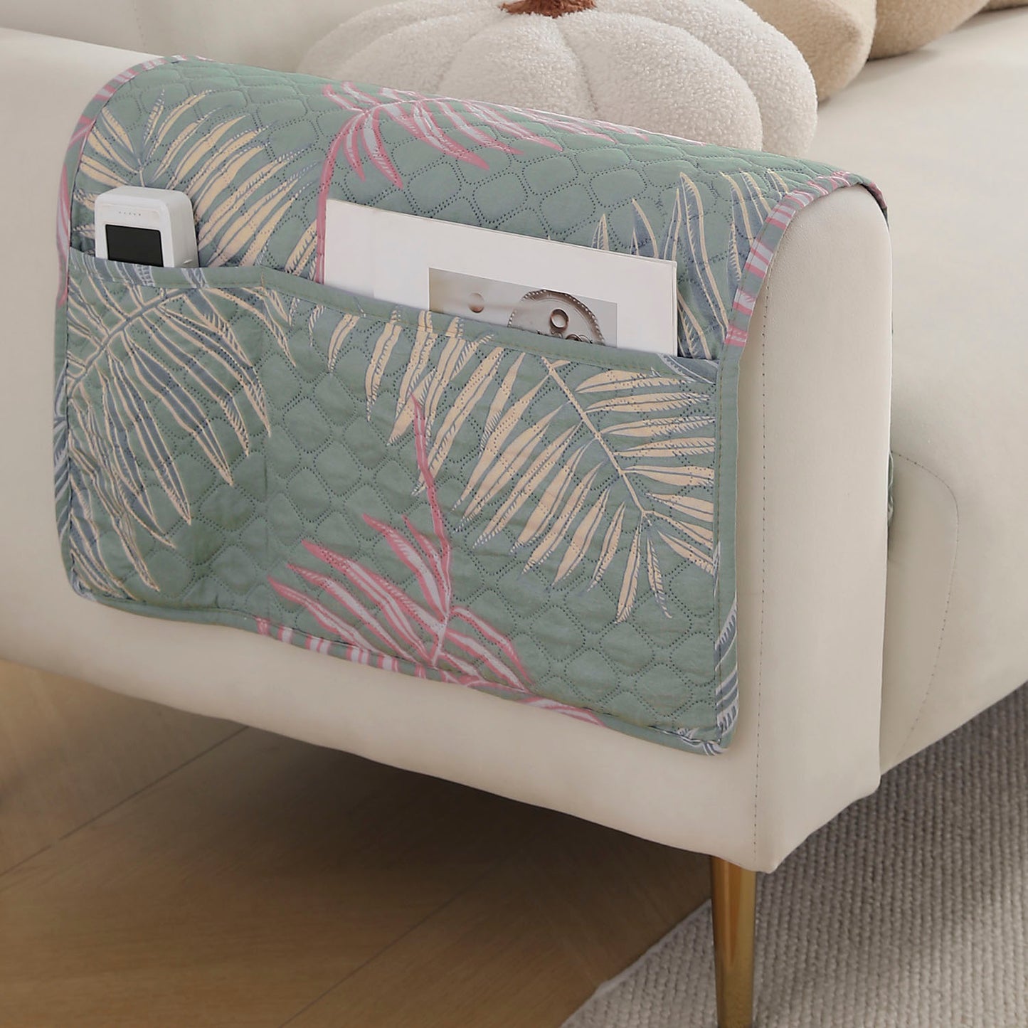 Polyester 2 Pcs Printed Quilted Sofa Armrest Cover, Tropical Leaves Pastel Green