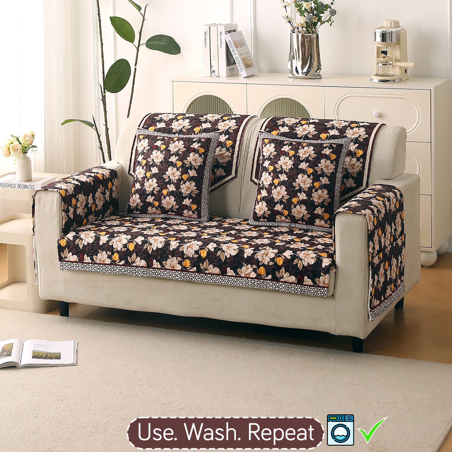 Florentina Series Printed Holland Velvet Sofa Mat - Camellia Brown