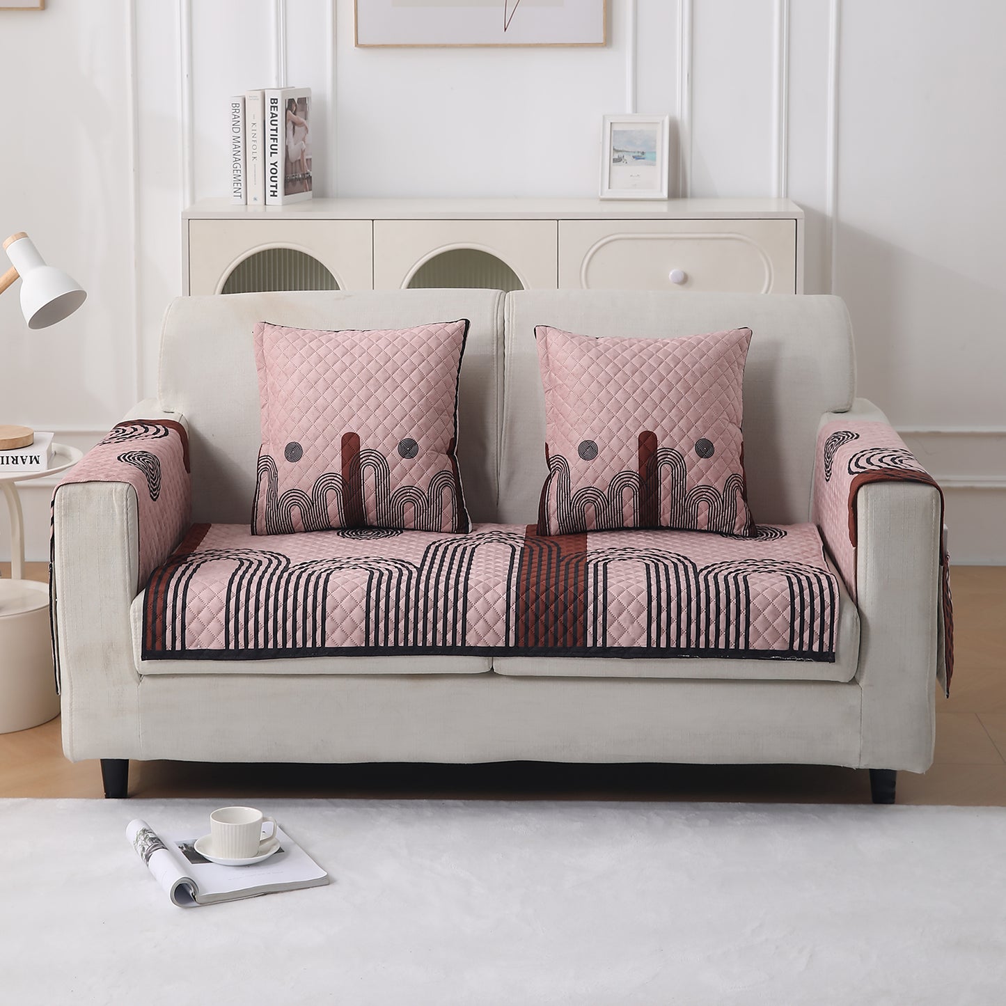 LiefNest Printed Holland Velvet Sofa Mat with Foam Filling - Modern Archscape Mauve Blush for 1/2/3 Seater & Armrest