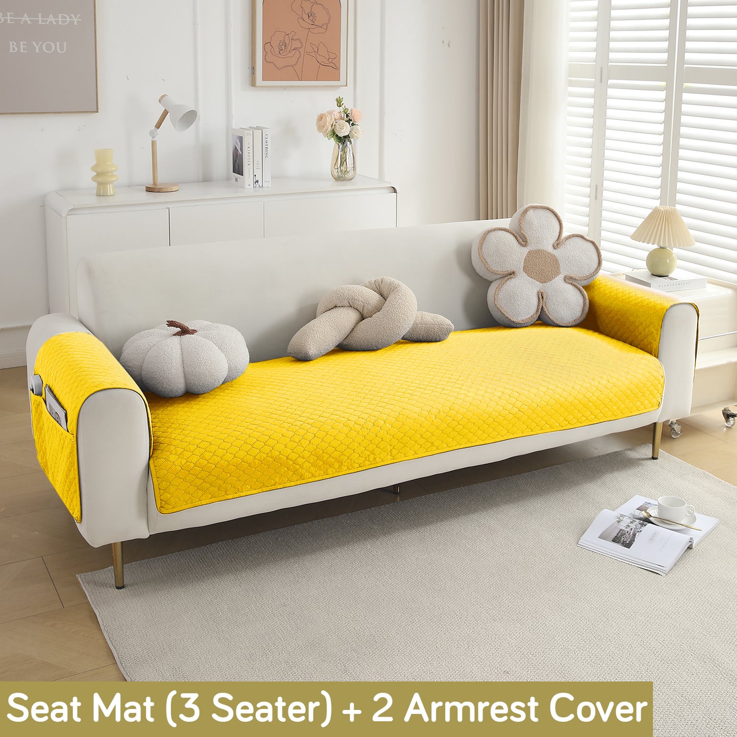 Quilted Sofa Cover Mat with 2 Armrest Covers Pockets, Yellow