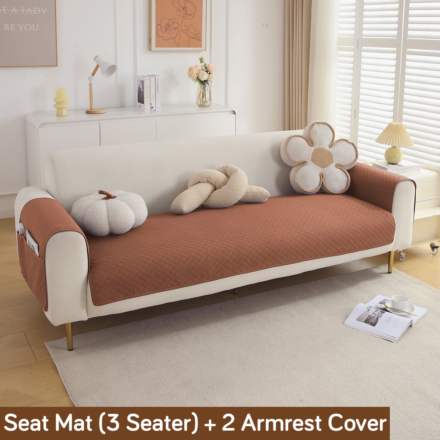 Quilted Sofa Cover Mat with 2 Armrest Covers Pockets, Brown