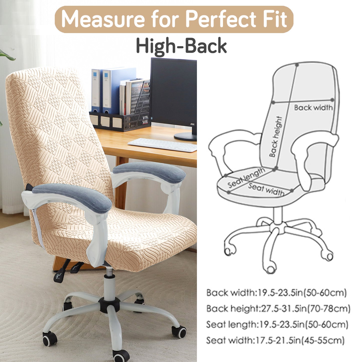 Office Chair Cover for Executive Chair (High-Back) – 170 GSM Stretchable Jacquard – Washable & Anti-Slip – Fits Big & Tall Office Chairs, Beige