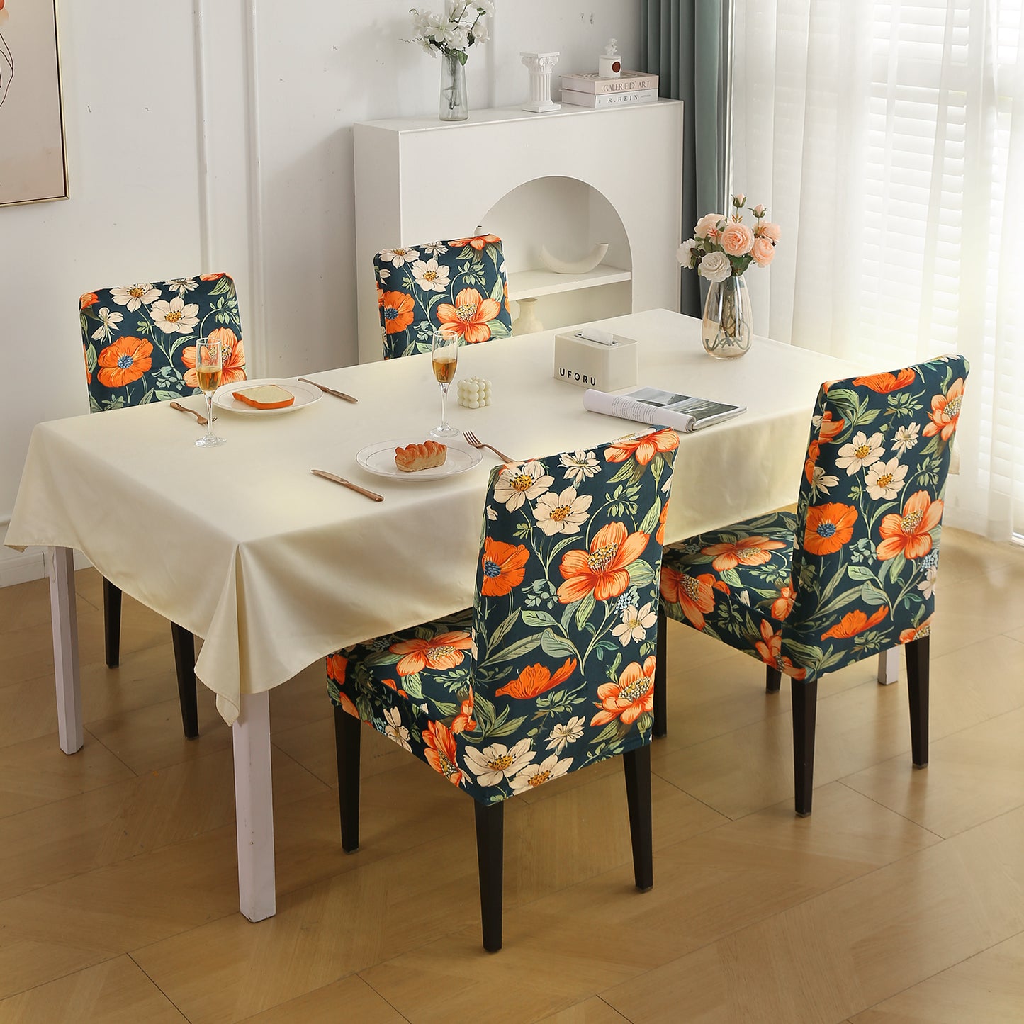 Premium Printed Velvet Dining Chair Cover Set, Teal Twilight Garden