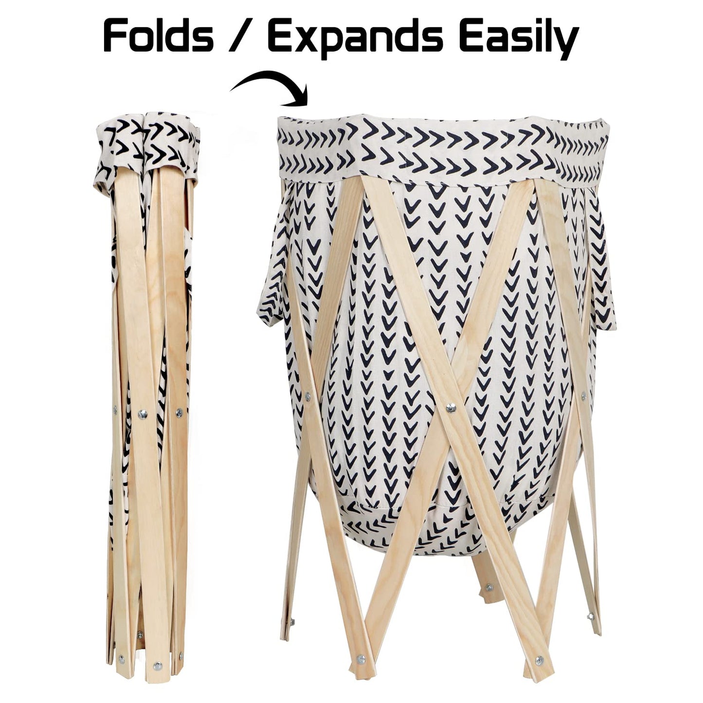 Large European Pattern Laundry Hamper Foldable Wooden Cloth Basket , White