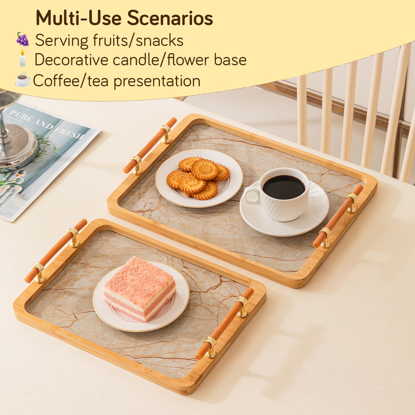 Luxury Bamboo Serving Tray Set with Faux Marble Base with Golden Handles