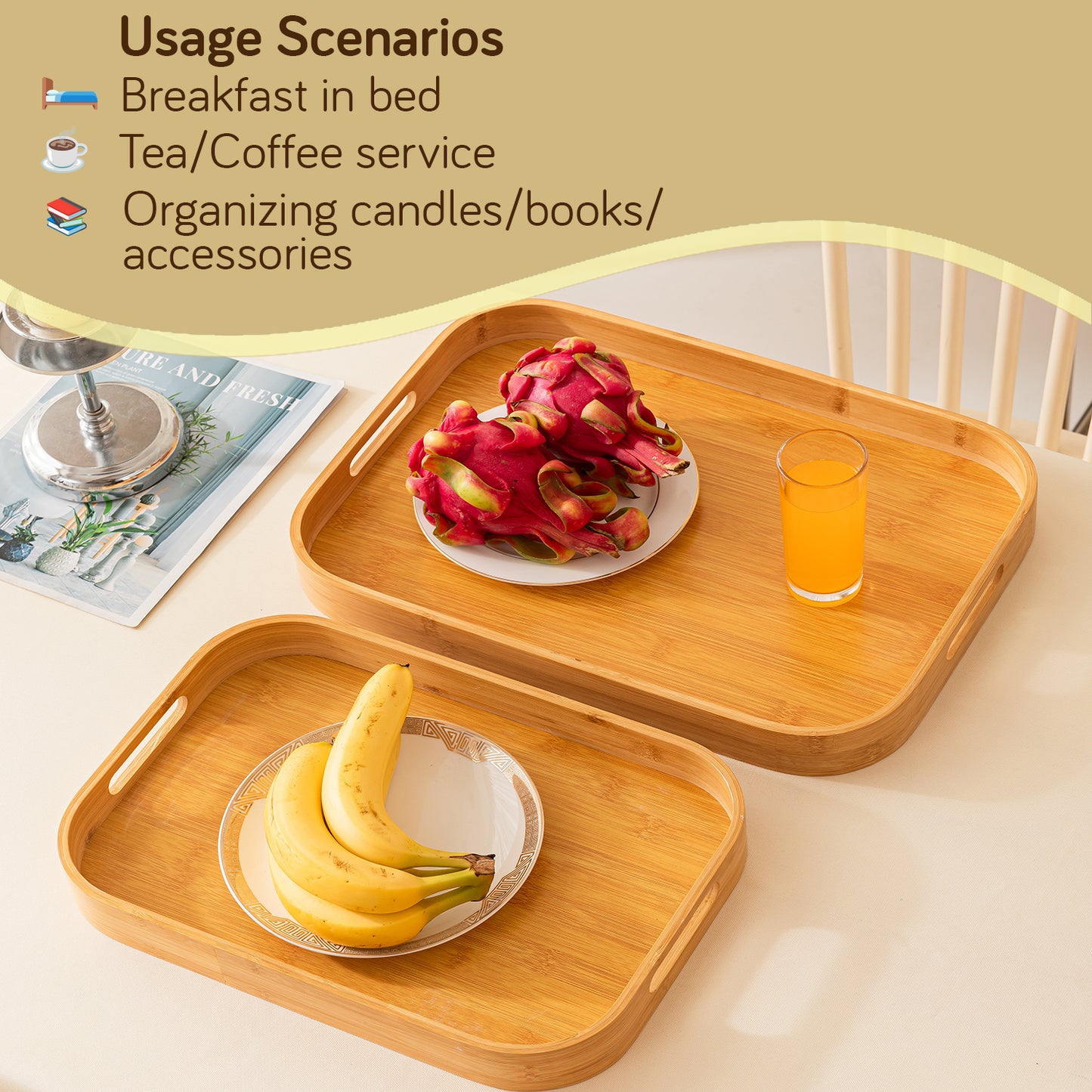Natural Bamboo Serving Tray Set of 2/3 – Multipurpose Kitchen Tray with Handles
