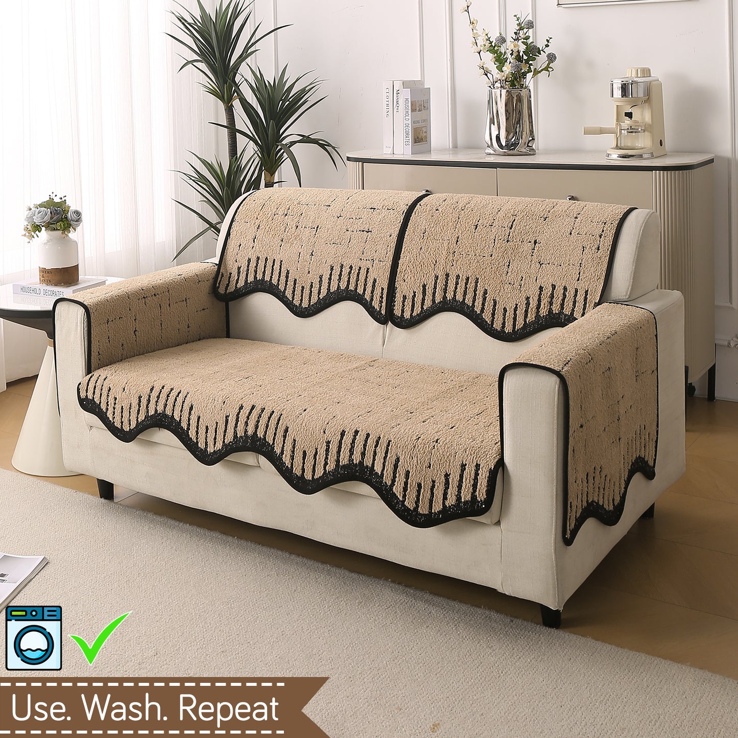 Premium Supple Soft Wavy with Curve Sofa Cover Mat, Brown