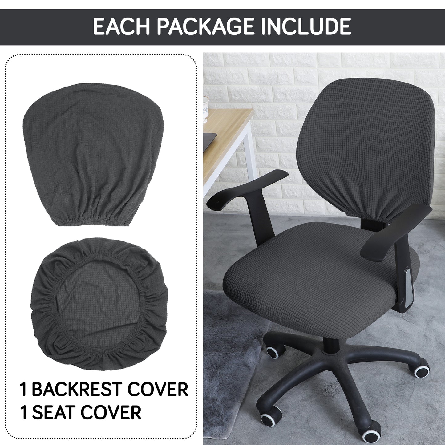 3 piece Dark Grey Stretchable Jacquard office rotating chair seat covers