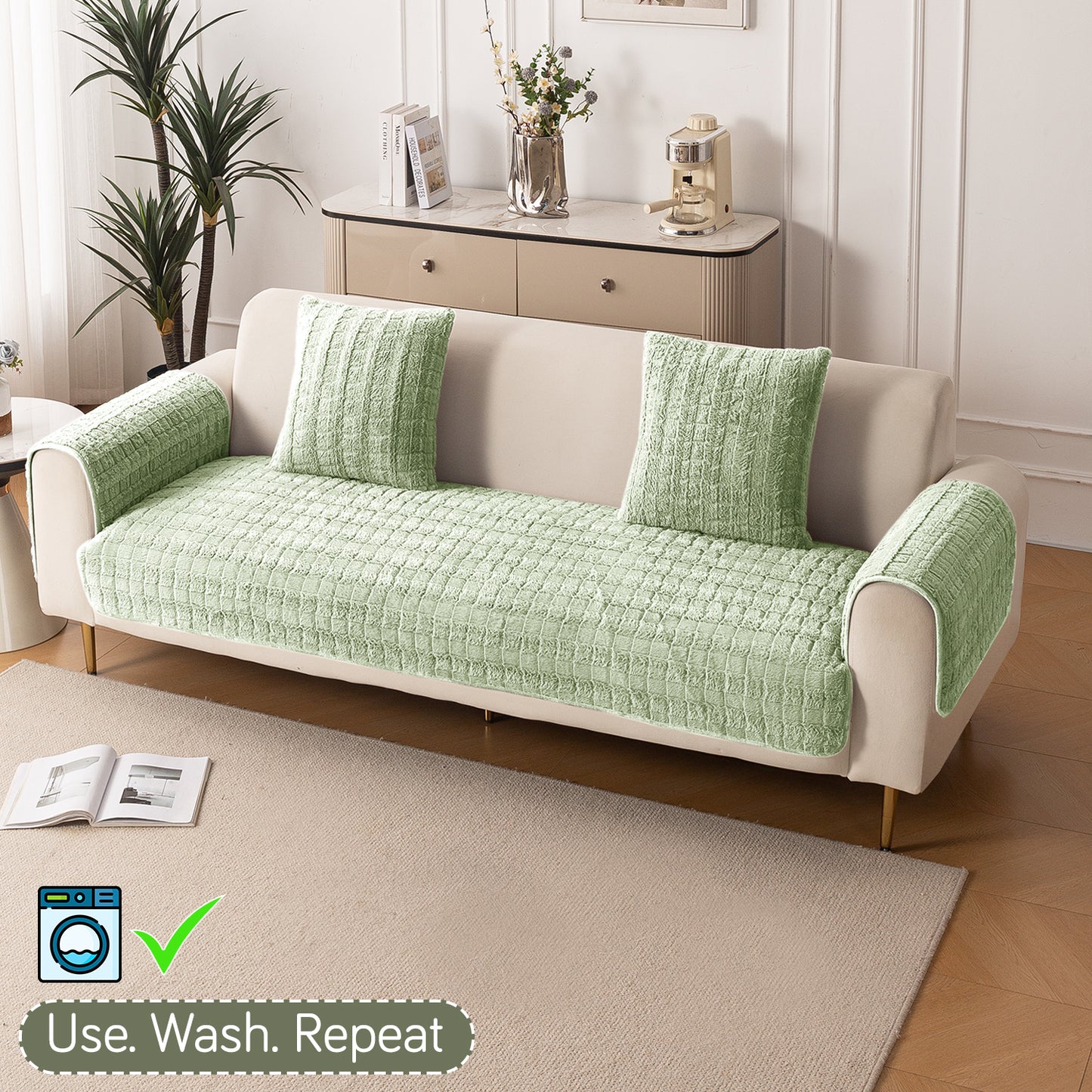 Premium Plush Anti Slip Sofa Cover Mat with 2 Armrest Cover, Green