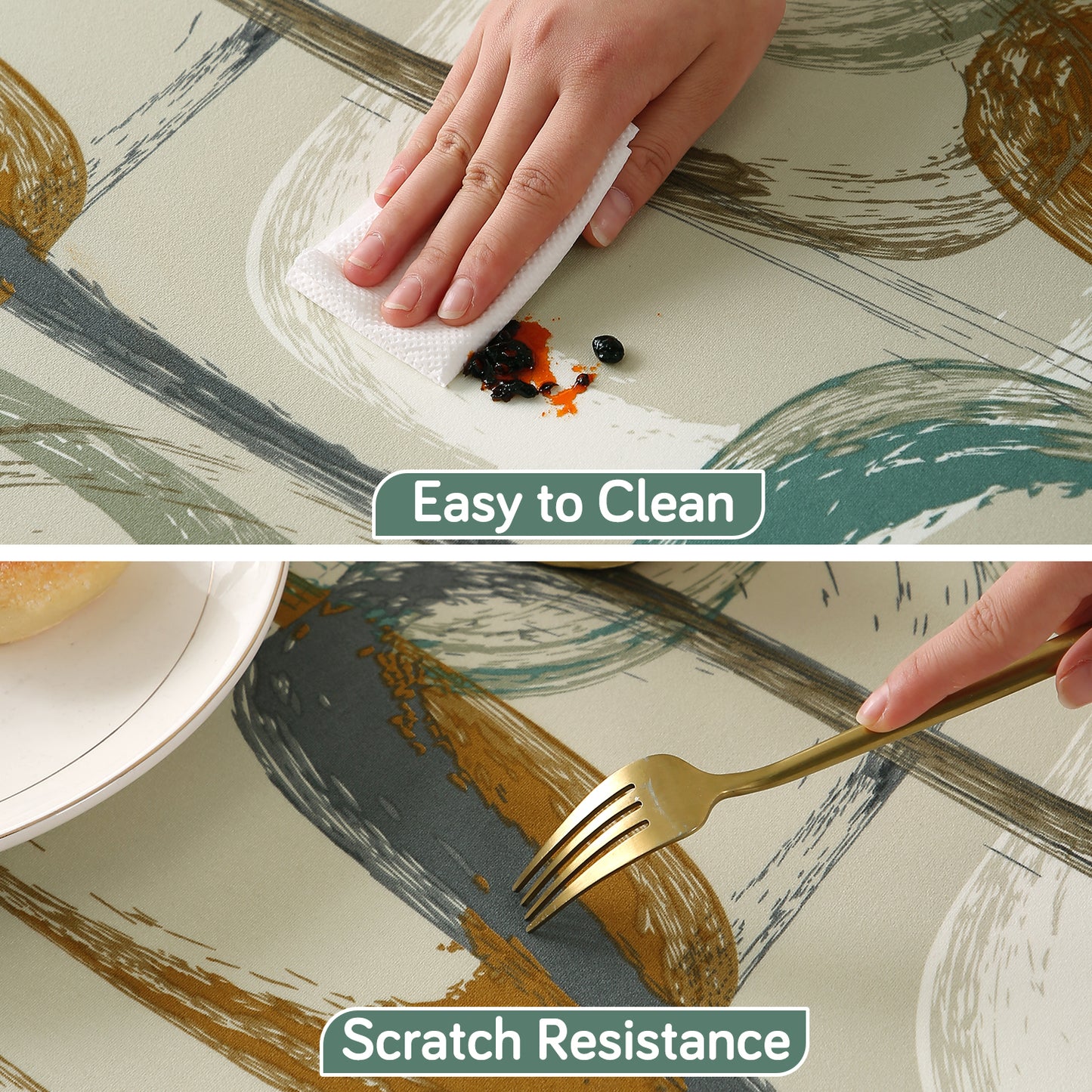 Printed Stretch Fit Water-Repellent & Anti-Slip Table Cloth Cover for 4 Seater / 6 Seater, Parchement Beige Abstract Art